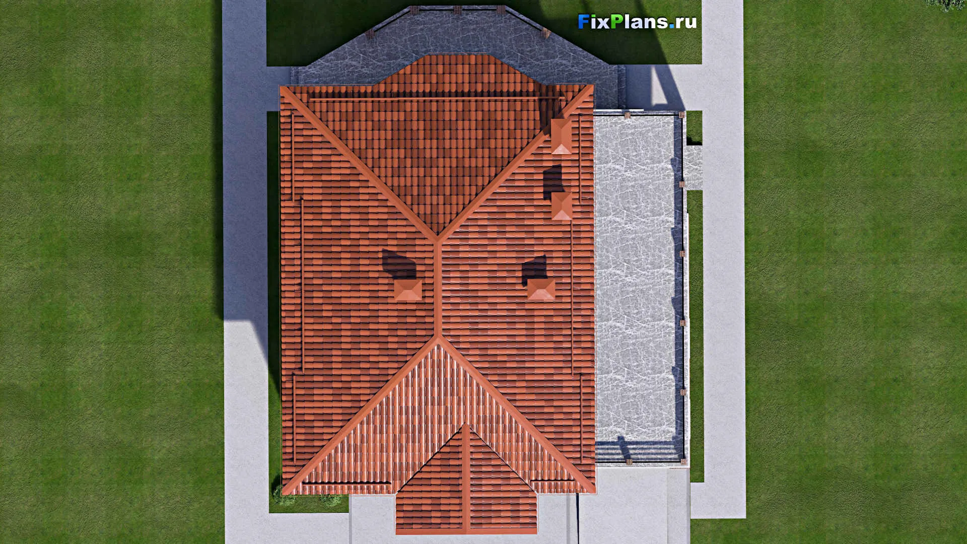 F-15974 - Проект двухэтажного дома 14 на 18, площадью 300 м² с террасой, балконом, гаражом на 1 машину и 4 спальнями