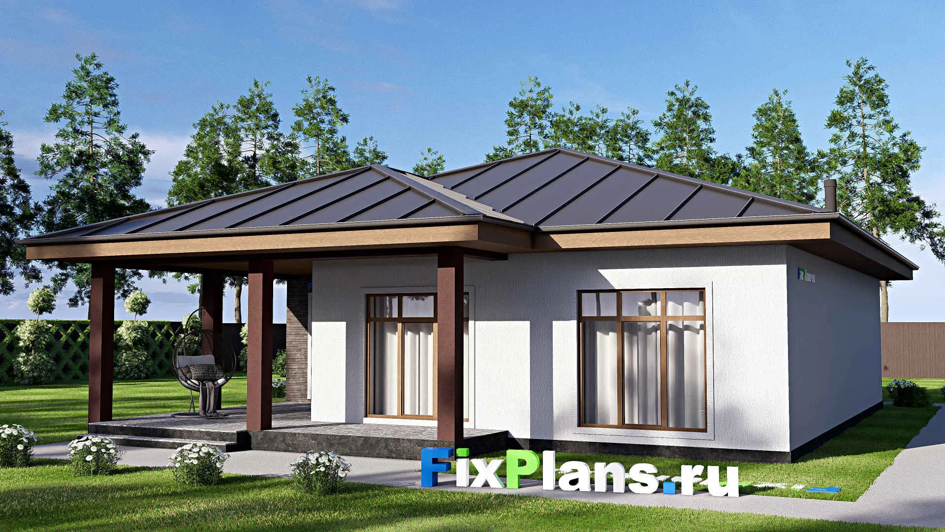 F-18521 - Проект одноэтажного дома 13 на 17, площадью 160 м² с террасой и 3 спальнями