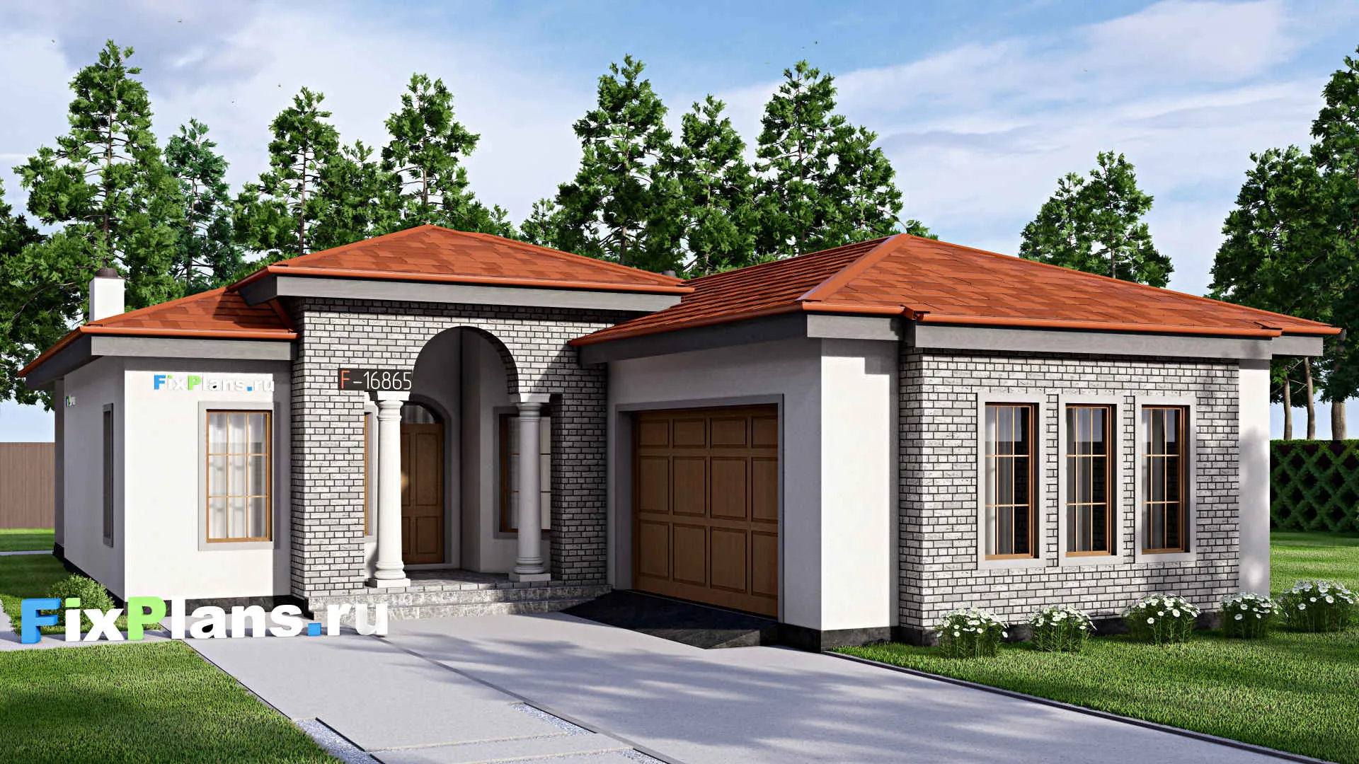 F-16865 - Проект одноэтажного дома 13 на 20, площадью 170 м² с террасой, гаражом на 2 машины и 2 спальнями