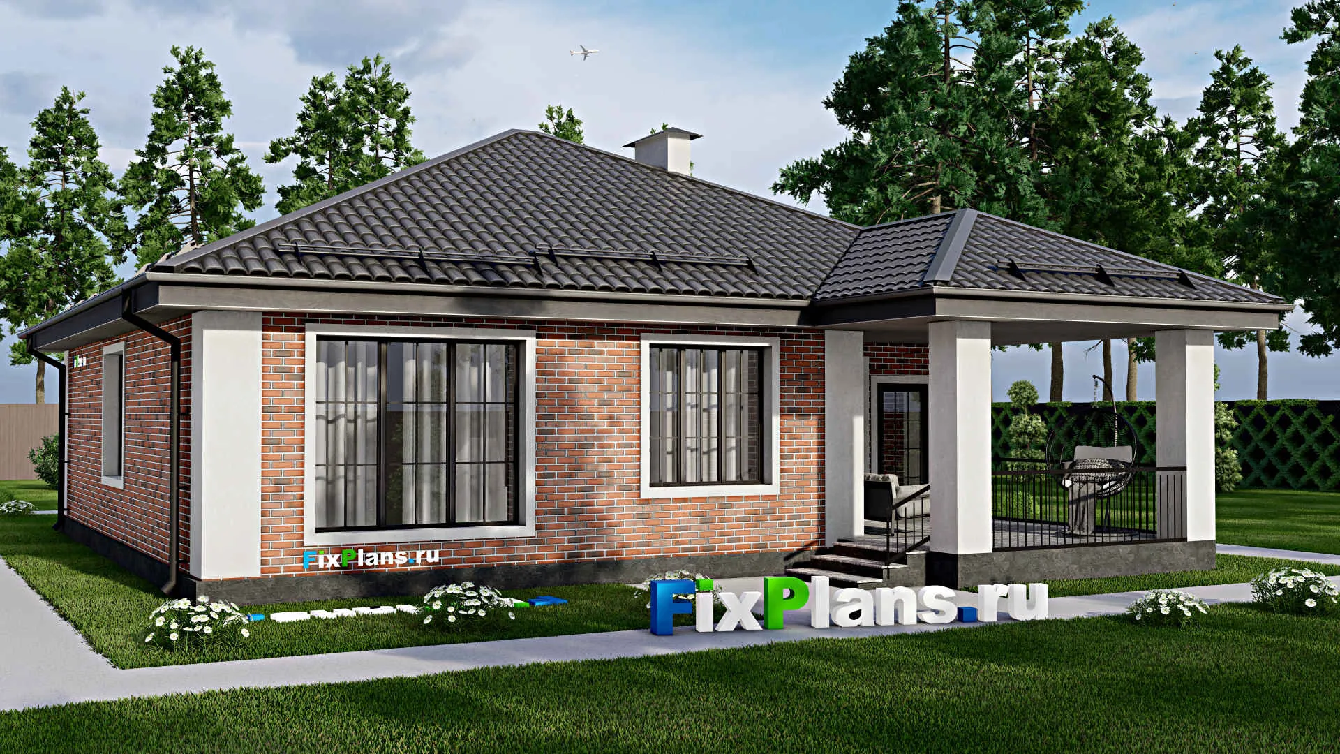 F-3194 - Проект одноэтажного дома 13 на 14, площадью 140 м² с террасой и 3 спальнями