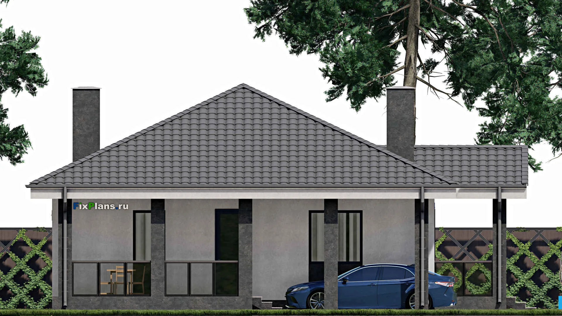 F-0251 - План одноэтажного дома 11 на 12, площадью 130 м² с террасой и 3 спальнями