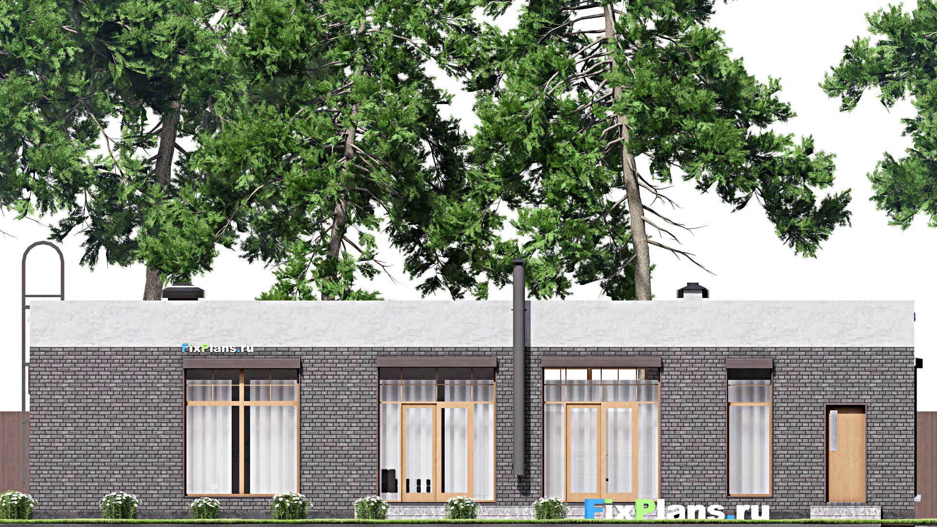 F-12779 - План одноэтажного дома 15 на 19, площадью 230 м² с террасой, баней, гаражом на 1 машину, спортзалом и 2 спальнями