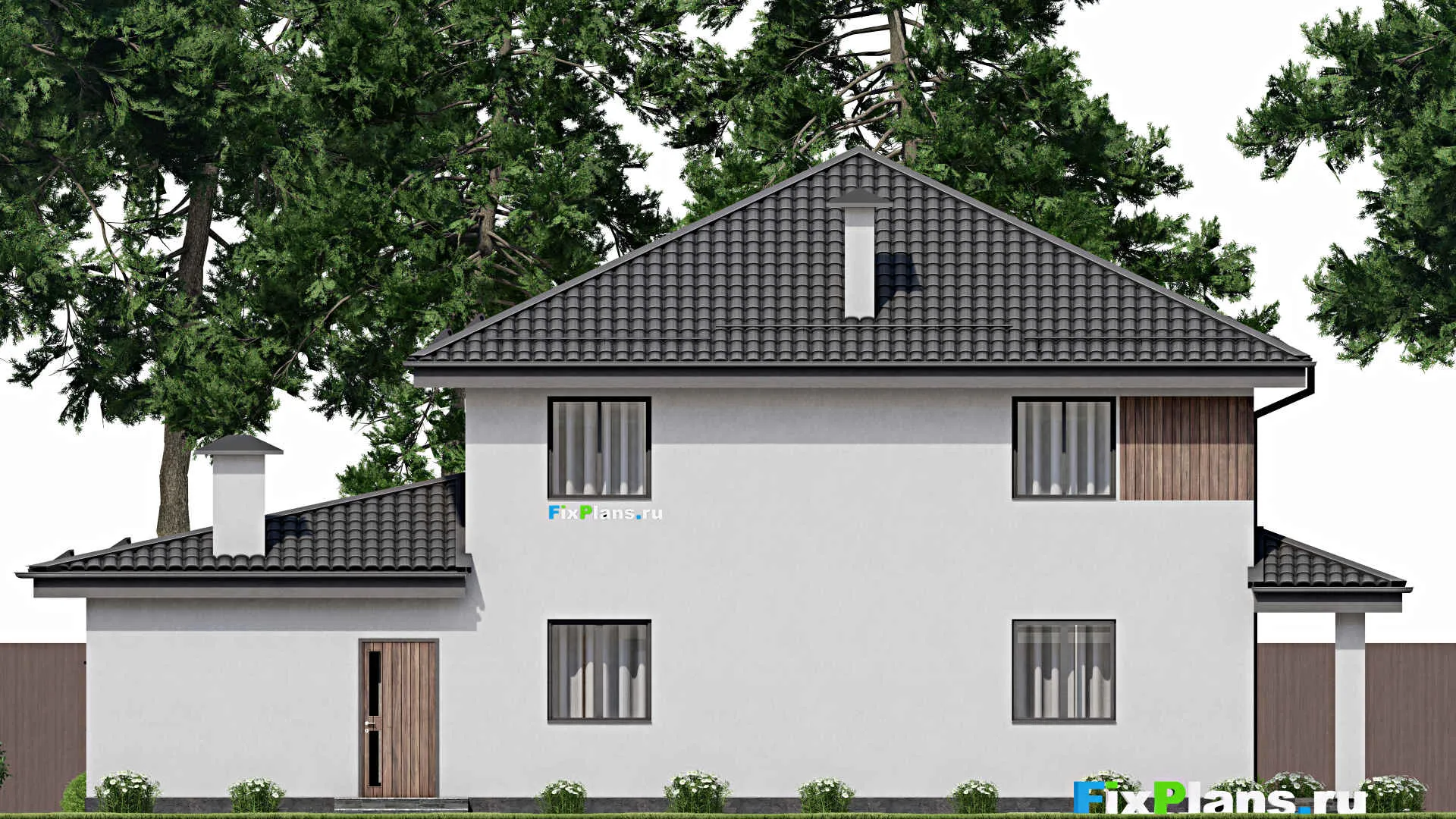 F-2807 - Планы двухэтажного дома 12 на 16, площадью 230 м² с террасой, балконом, гаражом на 1 машину и 6 спальнями