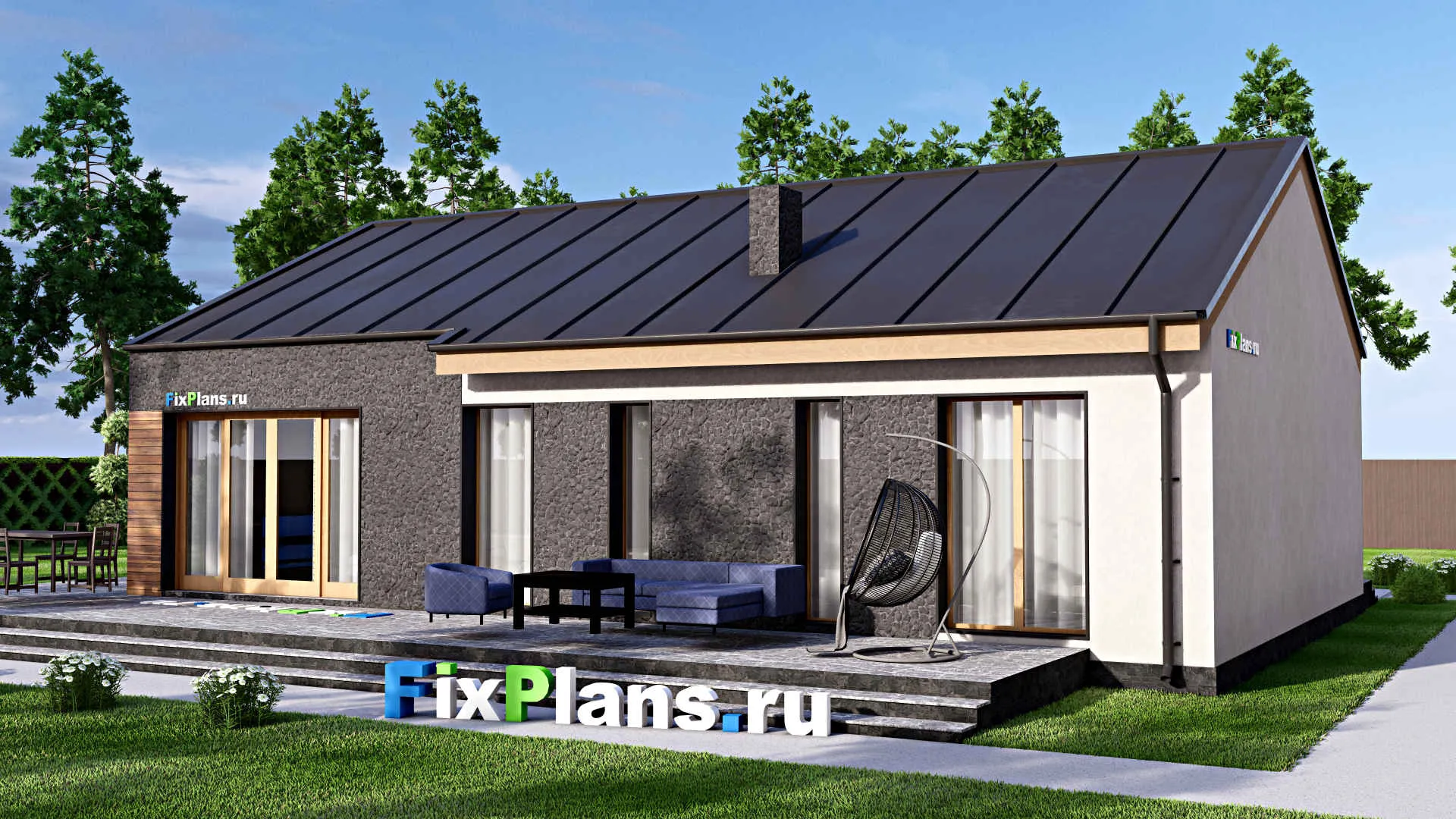 F-15794 - Проект одноэтажного дома 15 на 18, площадью 210 м² с террасой и 3 спальнями