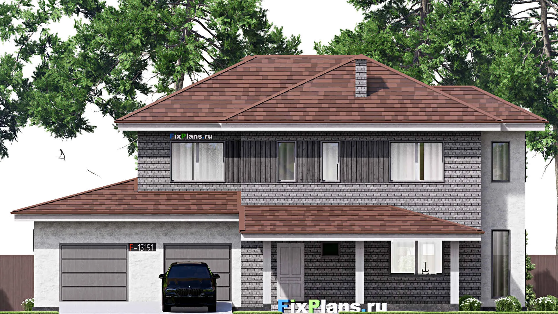 F-15191 - Проект двухэтажного дома 16 на 18, площадью 270 м² с террасой, гаражом на 2 машины и 4 спальнями