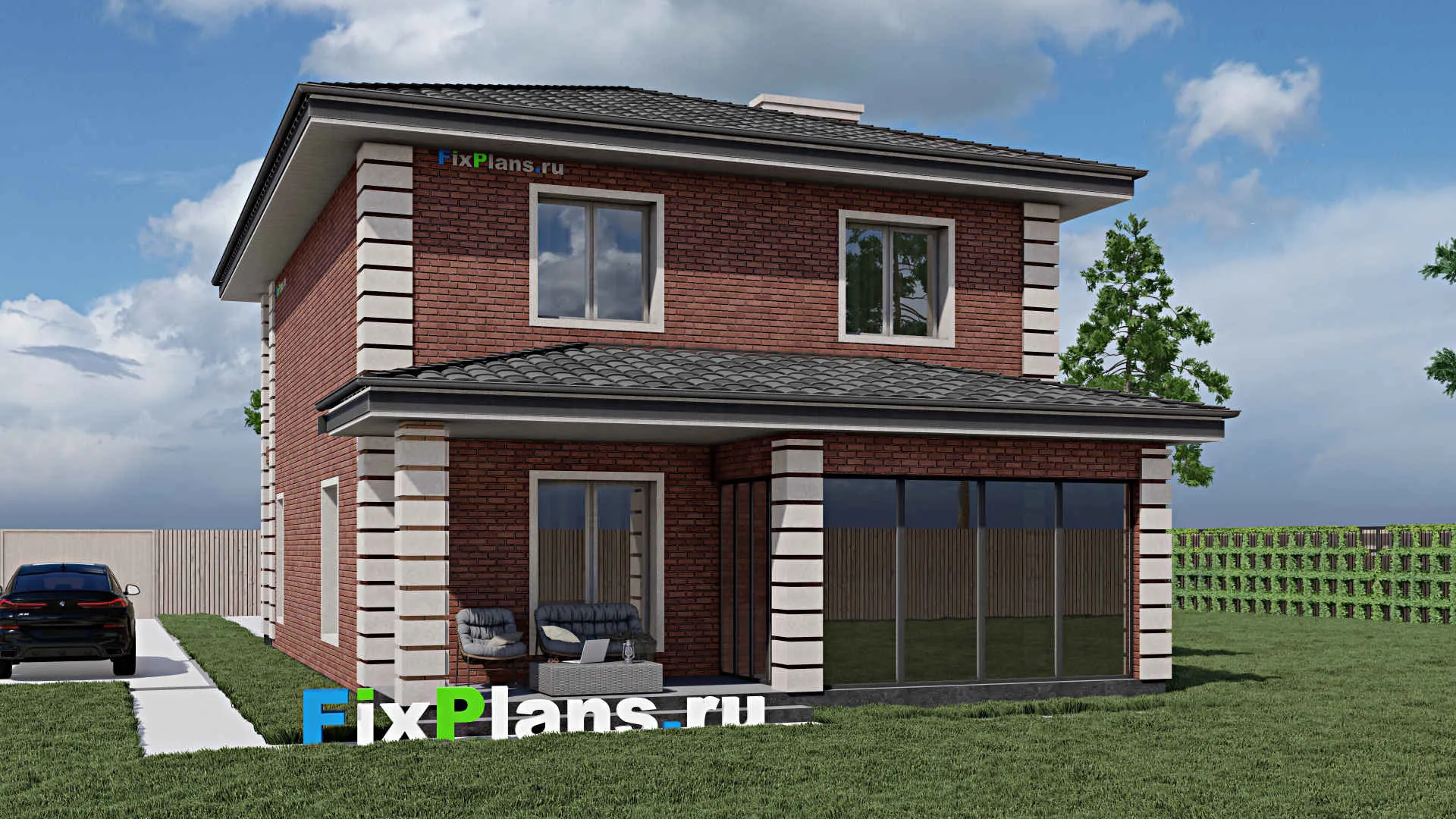 F-1439 - Планы двухэтажного дома 10 на 15, площадью 180 м² с террасой, балконом и 3 спальнями