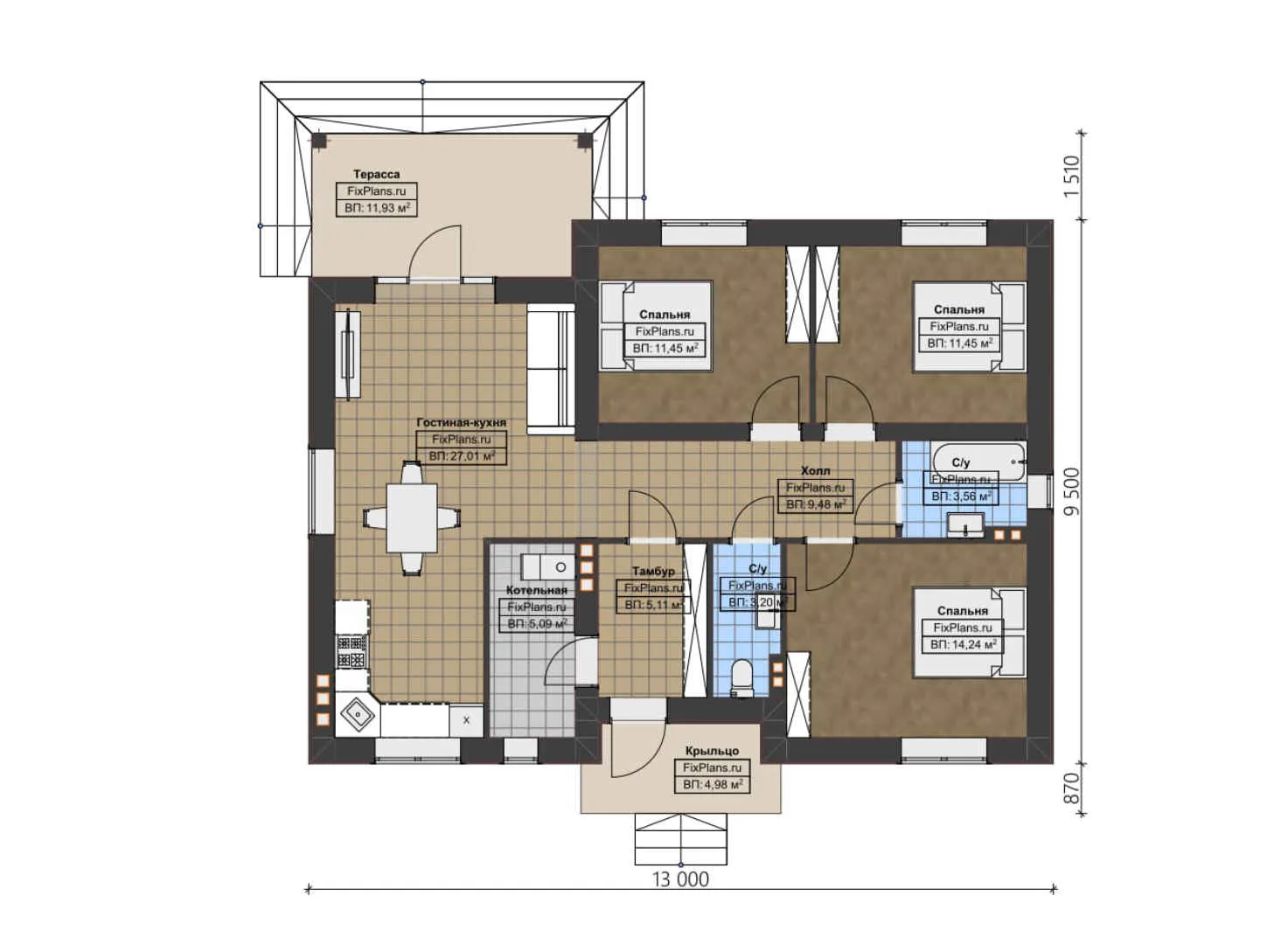 F-4859 - План одноэтажного дома 10 на 13, площадью 110 м² с террасой и 3 спальнями