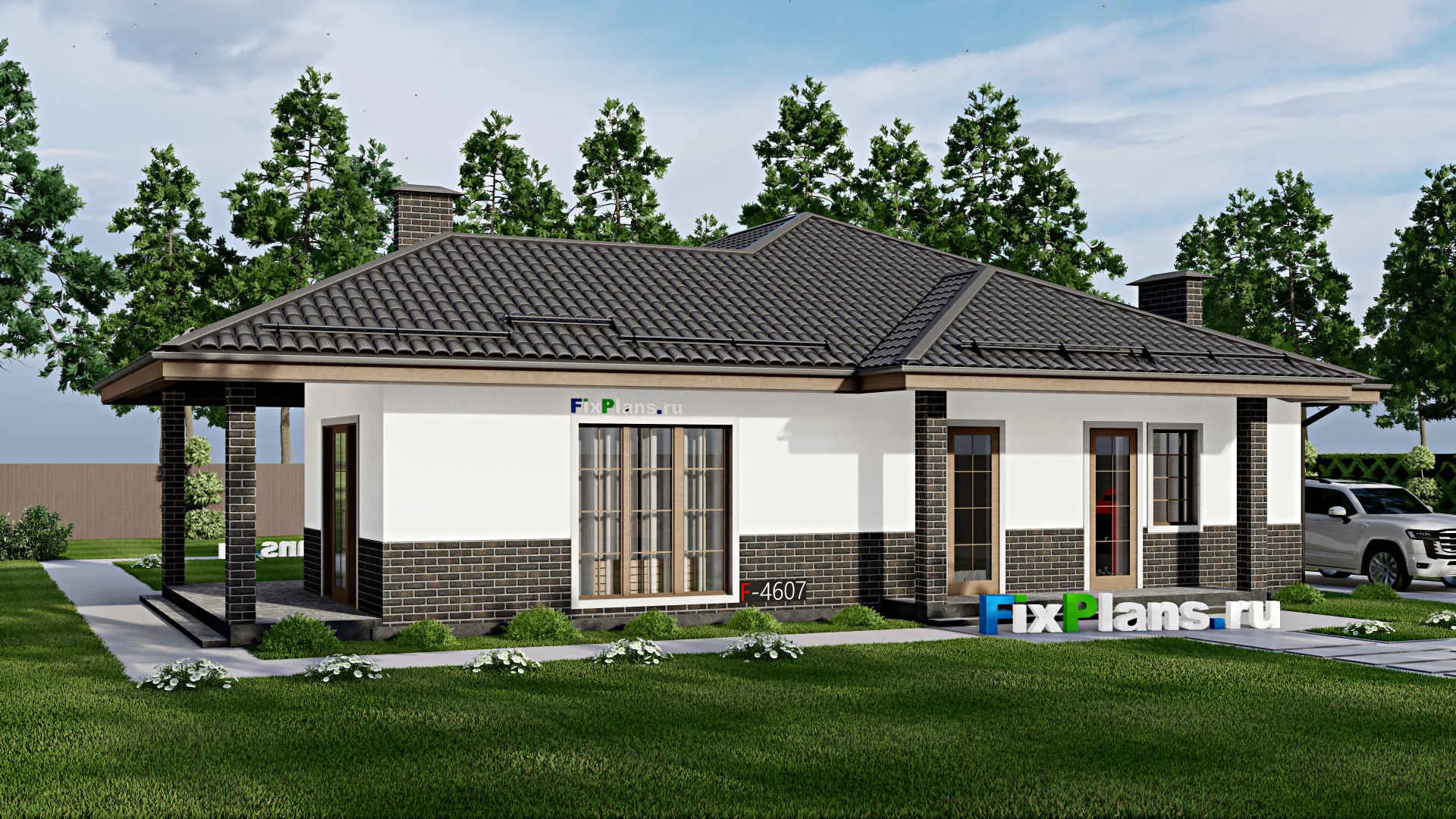 F-4607 - Проект одноэтажного дома 15 на 15, площадью 190 м² с террасой и 4 спальнями