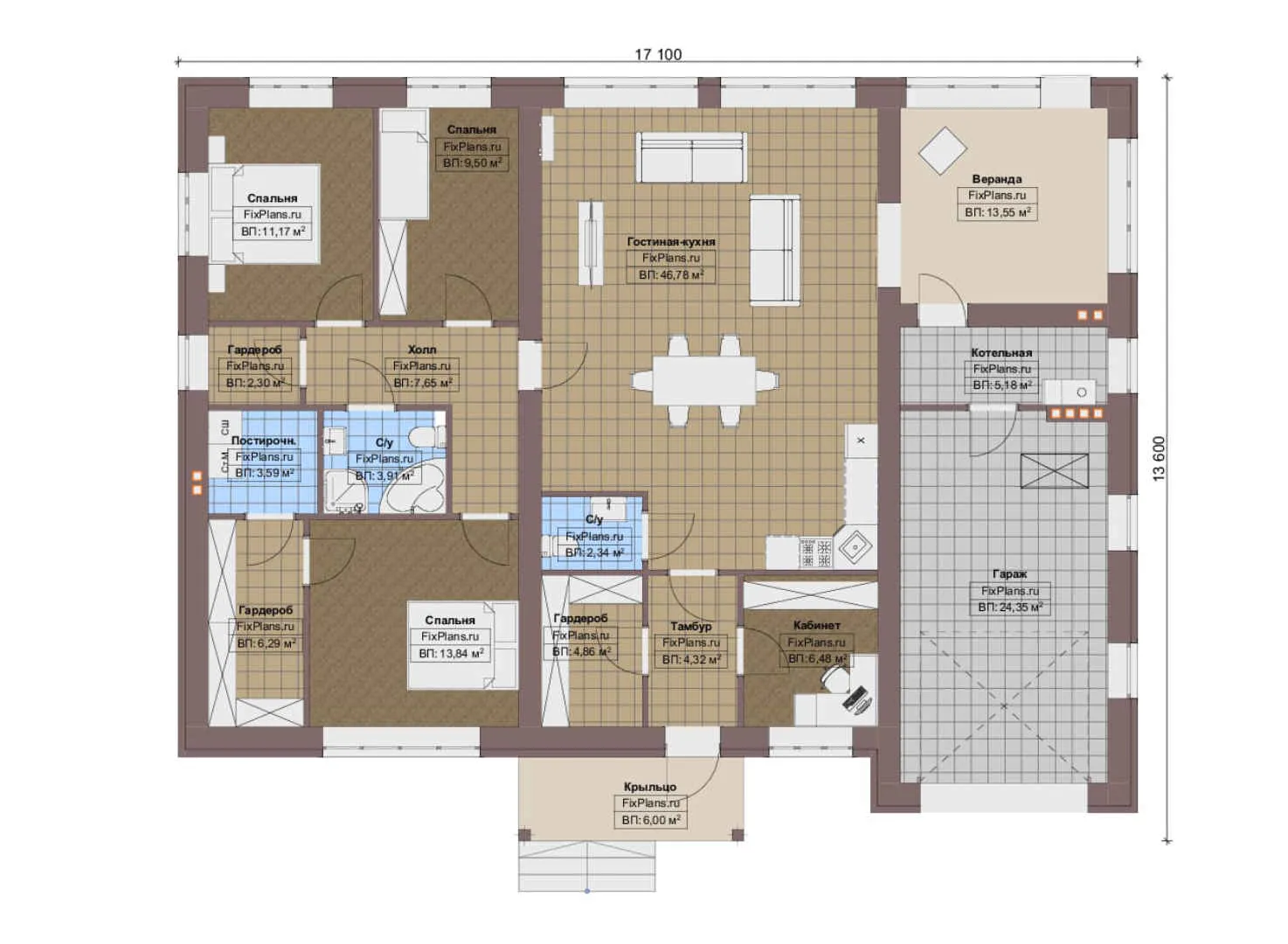 F-12761 - План одноэтажного дома 14 на 18, площадью 180 м² с террасой, гаражом на 1 машину и 3 спальнями