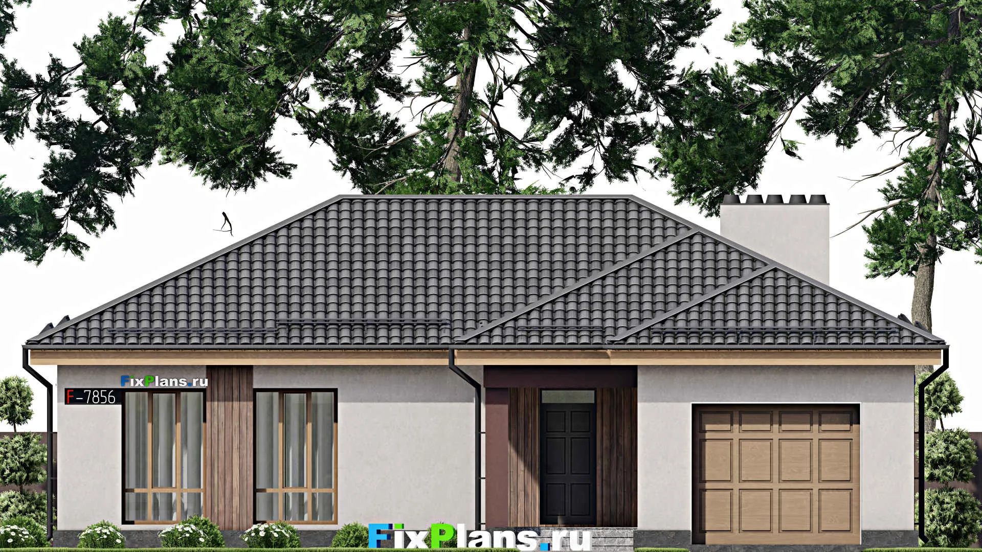 F-7856 - План одноэтажного дома 15 на 16, площадью 150 м² с террасой, гаражом на 1 машину и 2 спальнями