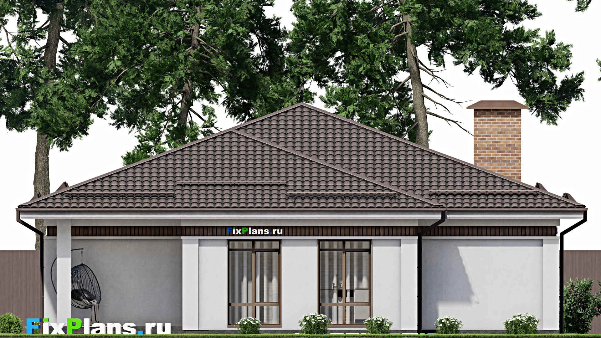 F-2582 - Проект одноэтажного дома 14 на 18, площадью 310 м² с террасой, балконом, гаражом на 1 машину и 11 спальнями