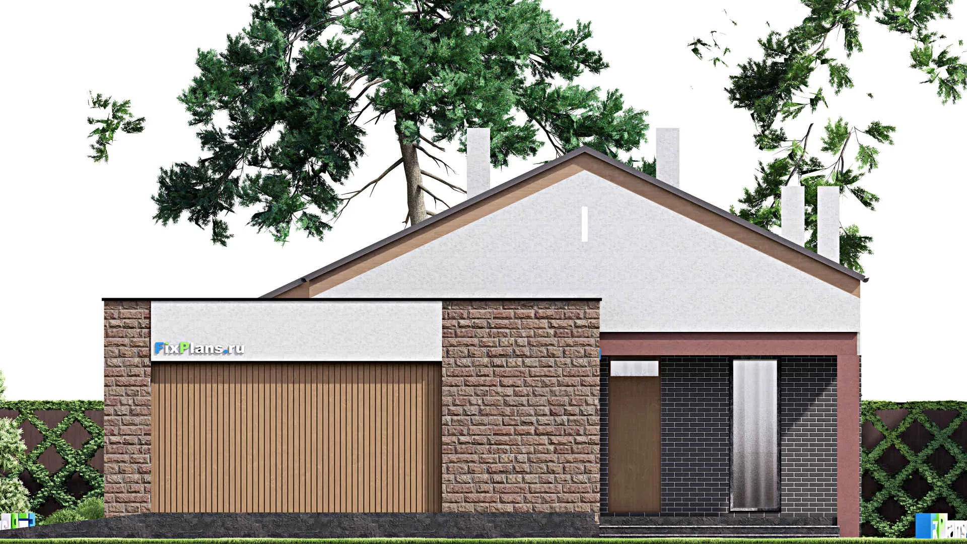 F-16217 - Проект одноэтажного дома 13 на 23, площадью 240 м² с террасой, гаражом на 2 машины и 4 спальнями