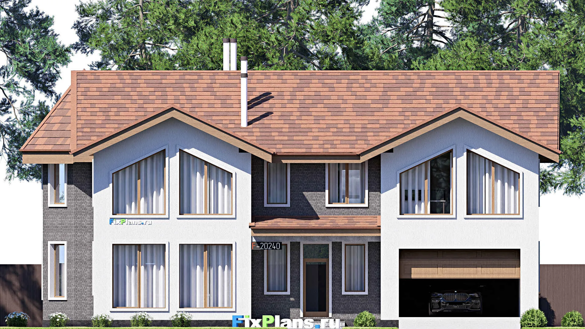 F-20240 - Проект двухэтажного дома 19 на 20, площадью 360 м² с террасой, гаражом на 2 машины и 3 спальнями