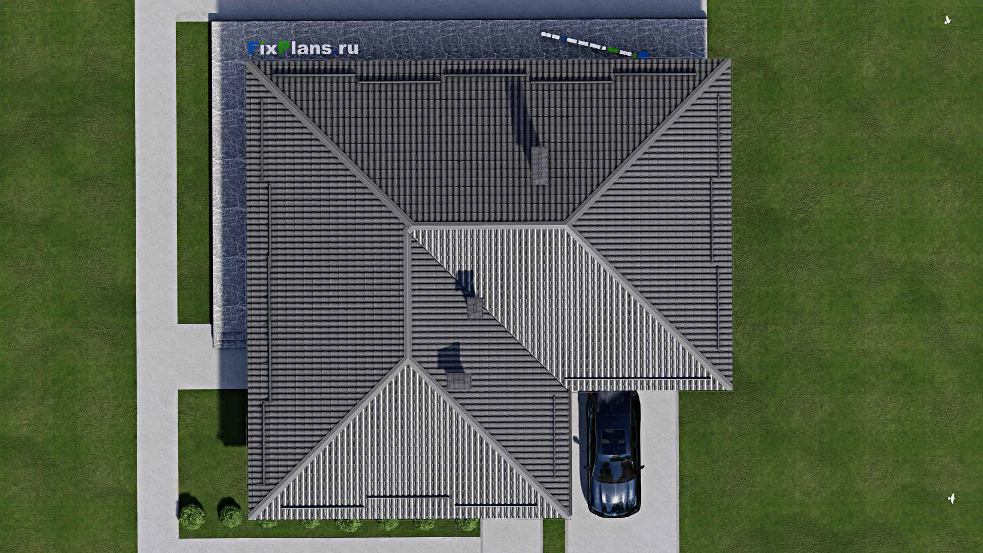 F-9665 - План одноэтажного дома 18 на 19, площадью 240 м² с террасой, гаражом на 1 машину и 3 спальнями