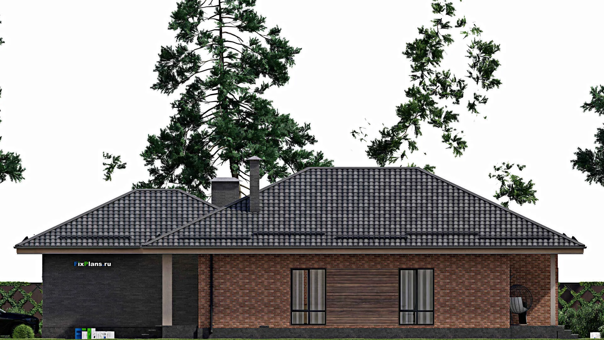 F-2429 - План одноэтажного дома 16 на 22, площадью 200 м² с террасой, гаражом на 2 машины и 2 спальнями