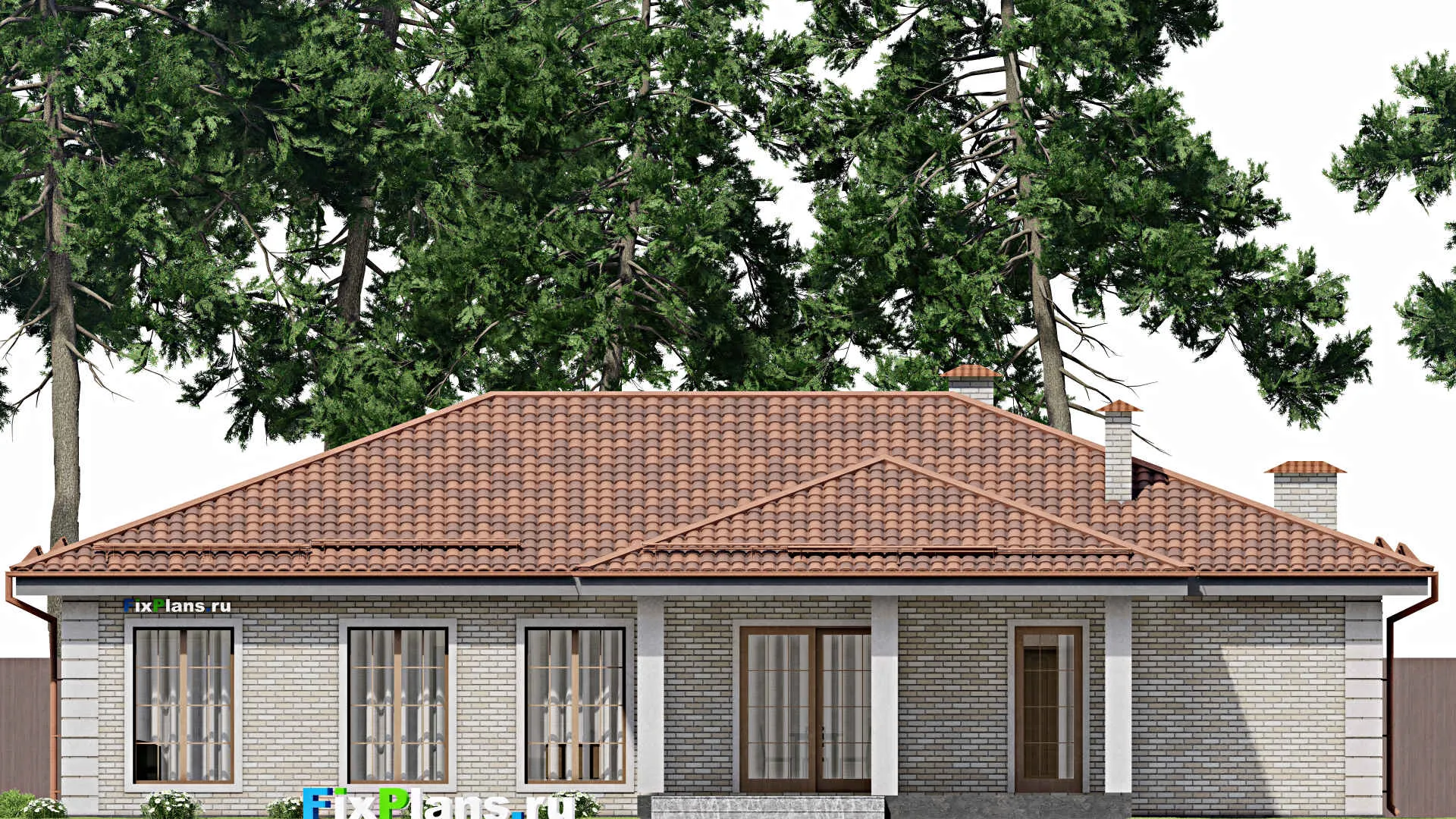 F-9863 - Проект одноэтажного дома 19 на 21, площадью 270 м² с террасой, цокольным этажом, баней, гаражом на 2 машины и 3 спальнями