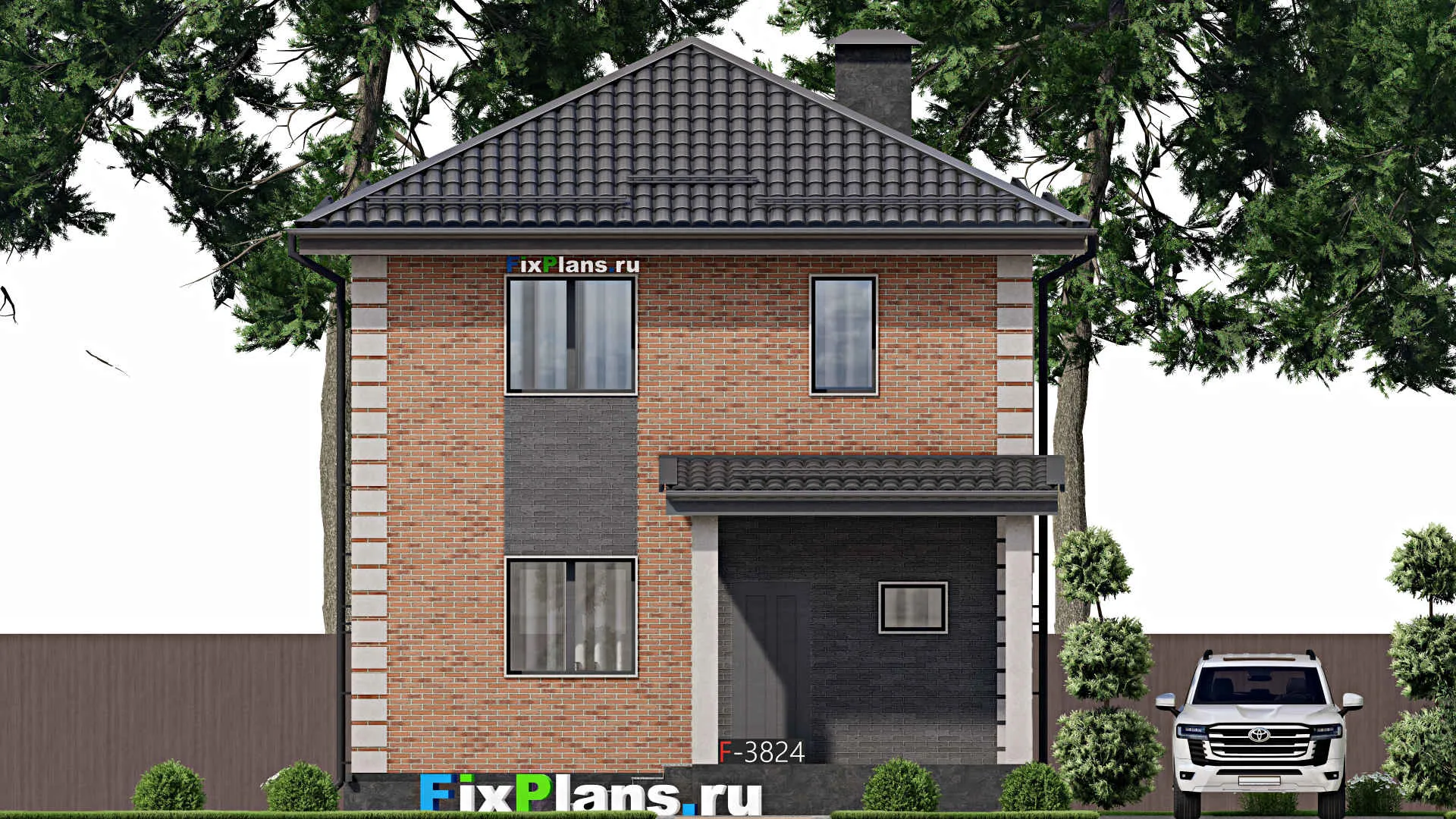 F-3824 - Планы двухэтажного дома 8 на 11, площадью 130 м² с террасой, балконом и 3 спальнями