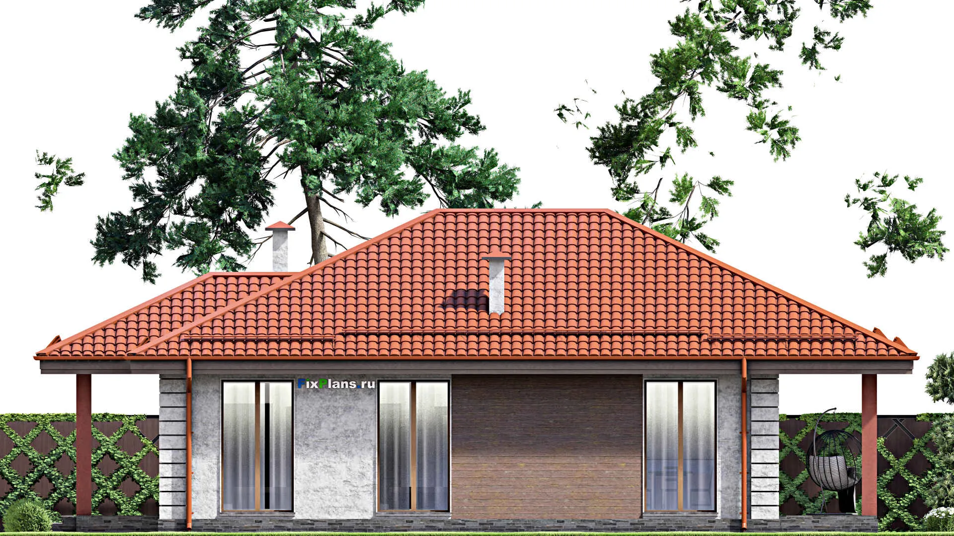 F-13877 - План одноэтажного дома 16 на 16, площадью 170 м² с террасой, гаражом на 1 машину и 3 спальнями