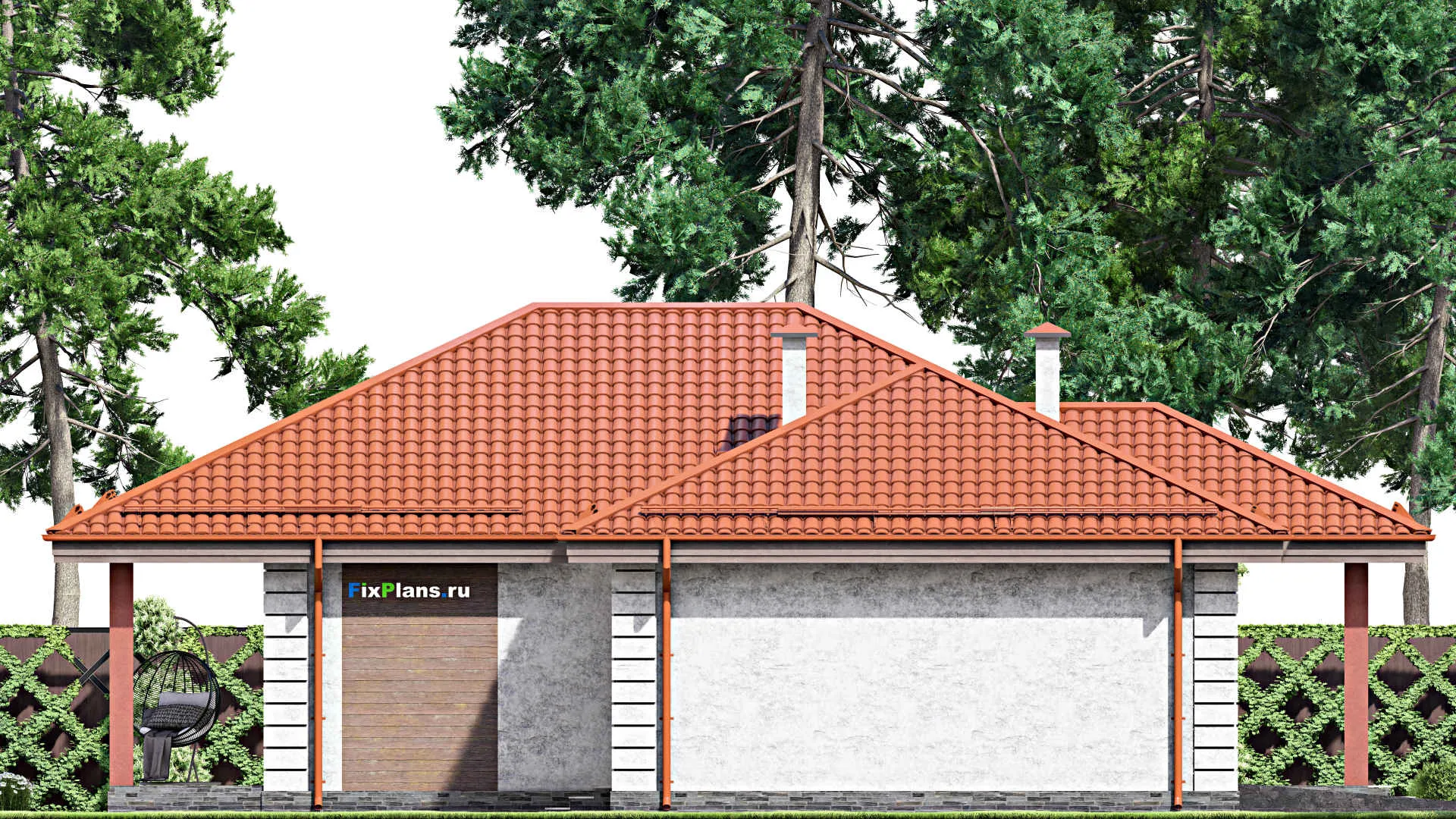 F-13877 - План одноэтажного дома 16 на 16, площадью 170 м² с террасой, гаражом на 1 машину и 3 спальнями