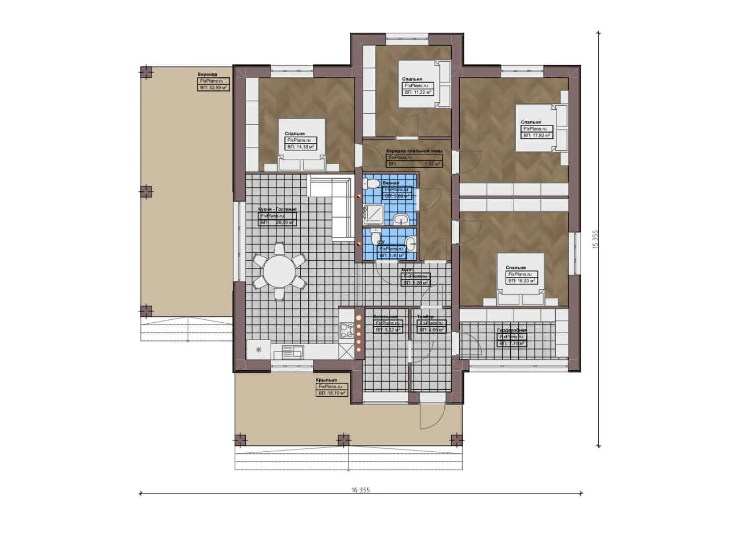 F-0053 - План одноэтажного дома 16 на 17, площадью 180 м² с террасой и 5 спальнями