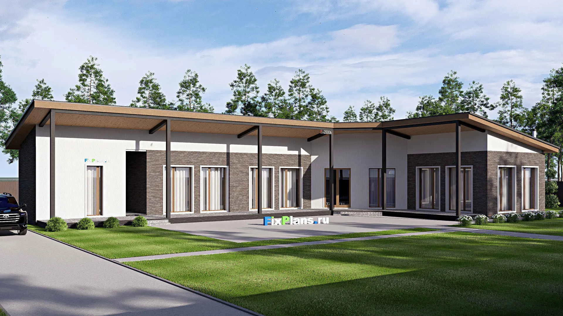 F-20006 - Проект одноэтажного дома 17 на 32, площадью 290 м² с террасой, баней и 3 спальнями