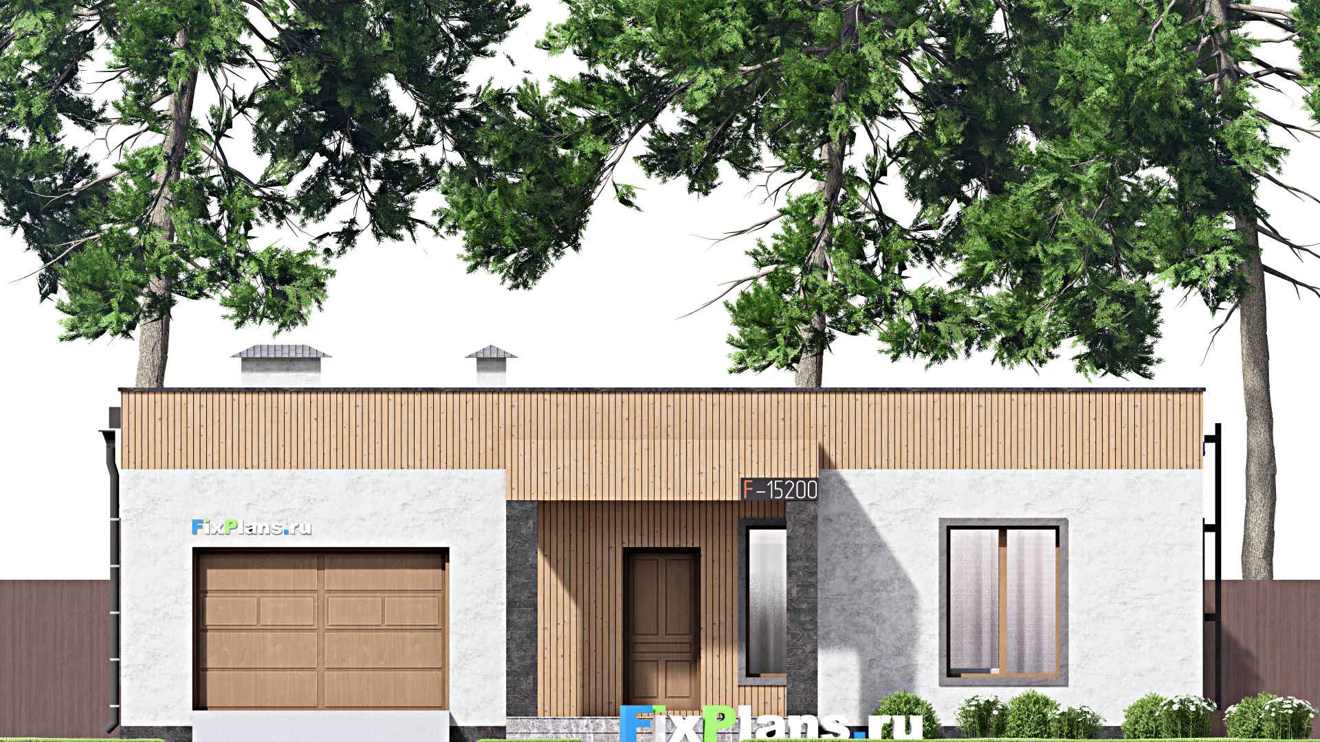 F-15200 - Проект одноэтажного дома 14 на 17, площадью 150 м² с террасой, гаражом на 1 машину и 4 спальнями