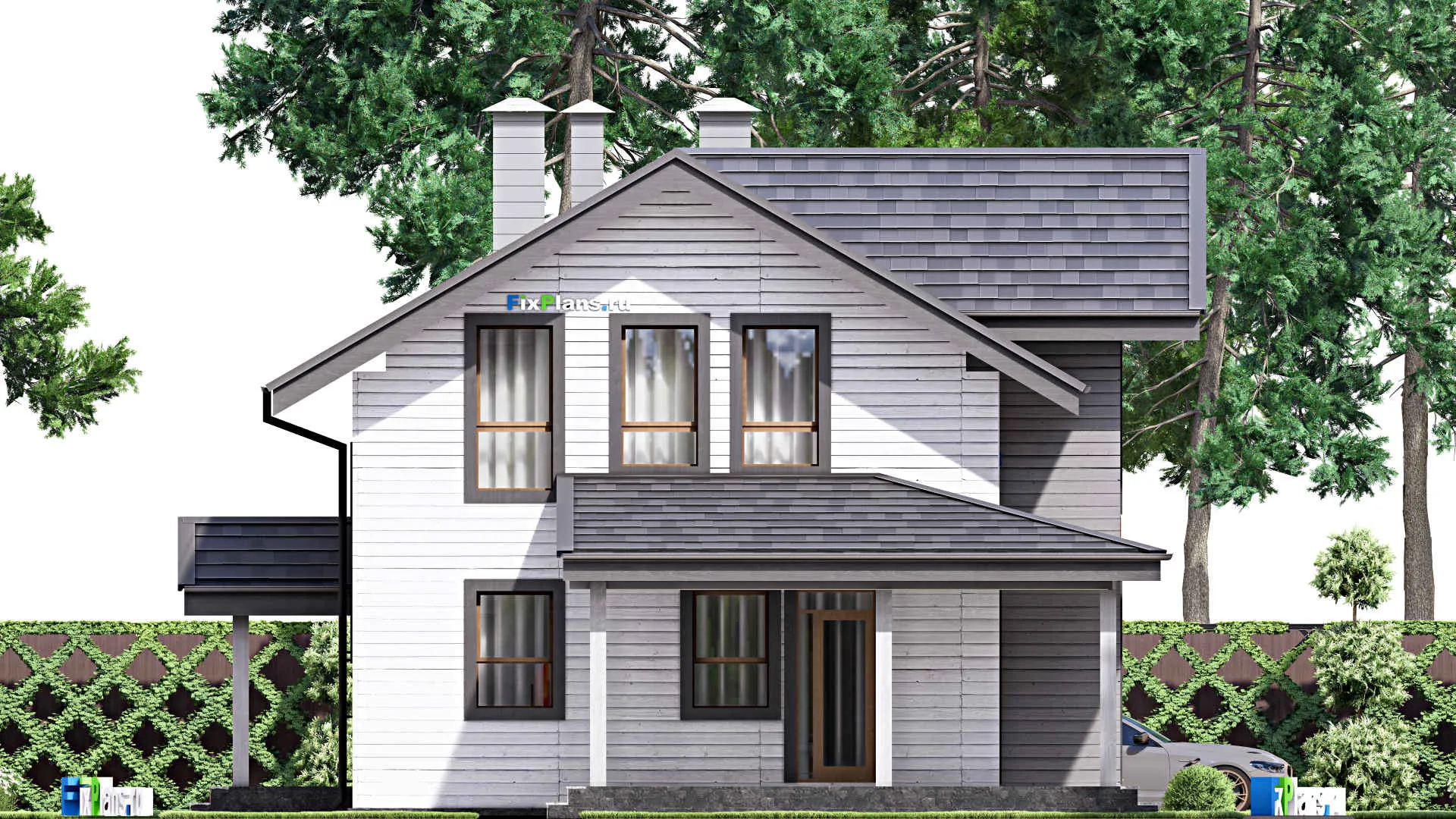 F-15164 - Проект дома с мансардой 12 на 15, площадью 170 м² с террасой, баней и 4 спальнями