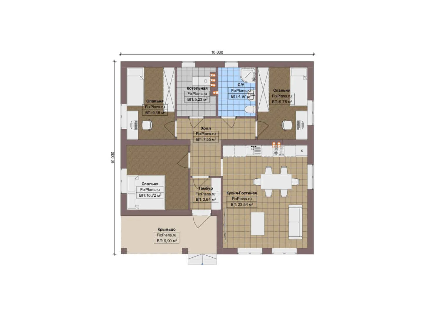 F-18062 - План одноэтажного дома 11 на 11, площадью 90 м² с 3 спальнями