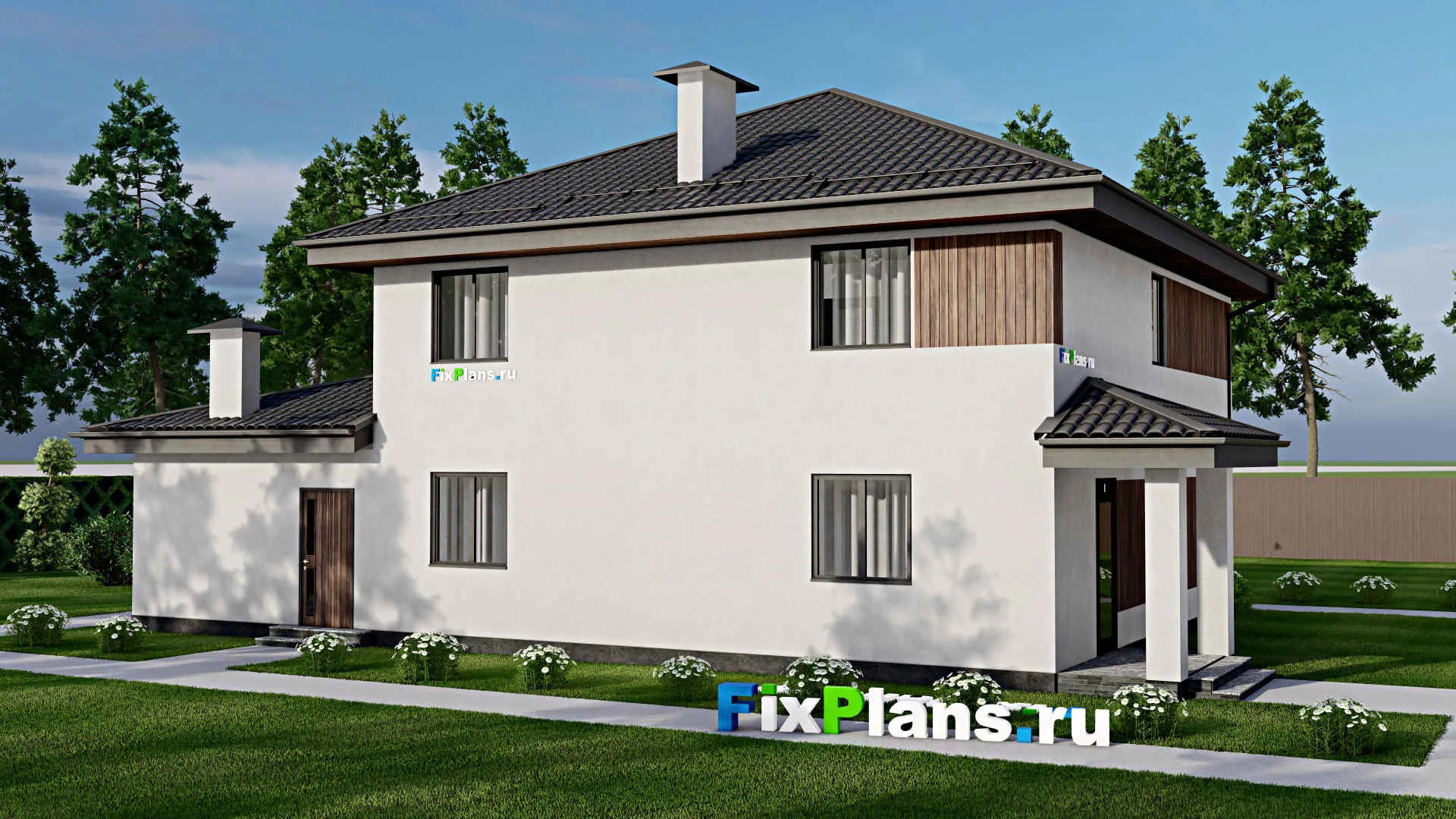 F-2807 - Планы двухэтажного дома 12 на 16, площадью 230 м² с террасой, балконом, гаражом на 1 машину и 6 спальнями