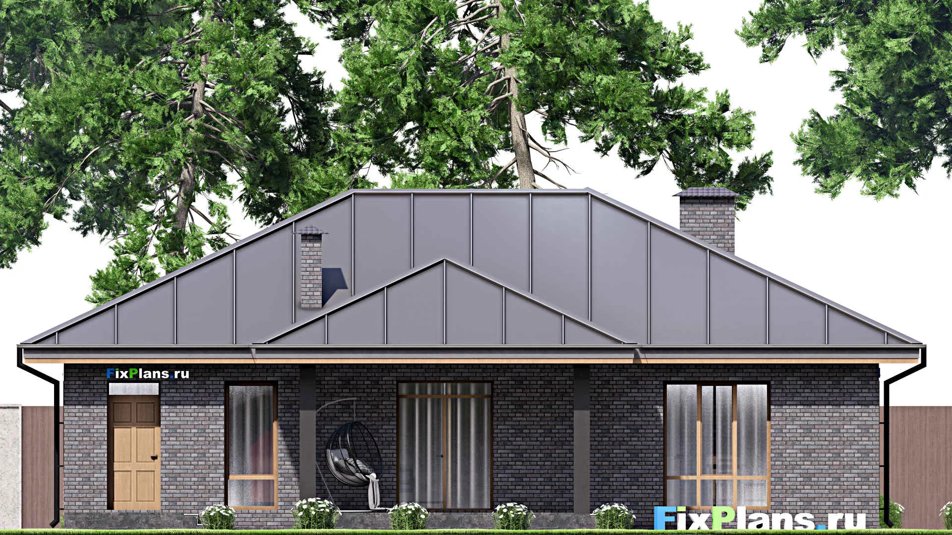 F-14579 - Проект одноэтажного дома 16 на 16, площадью 160 м² с террасой и 3 спальнями