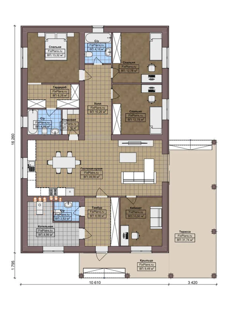 F-5039 - План одноэтажного дома 11 на 17, площадью 180 м² с террасой и 3 спальнями