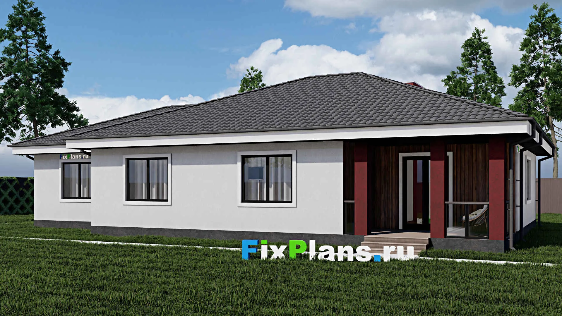 F-0269 - План одноэтажного дома 12 на 20, площадью 180 м² с террасой, гаражом на 1 машину и 3 спальнями