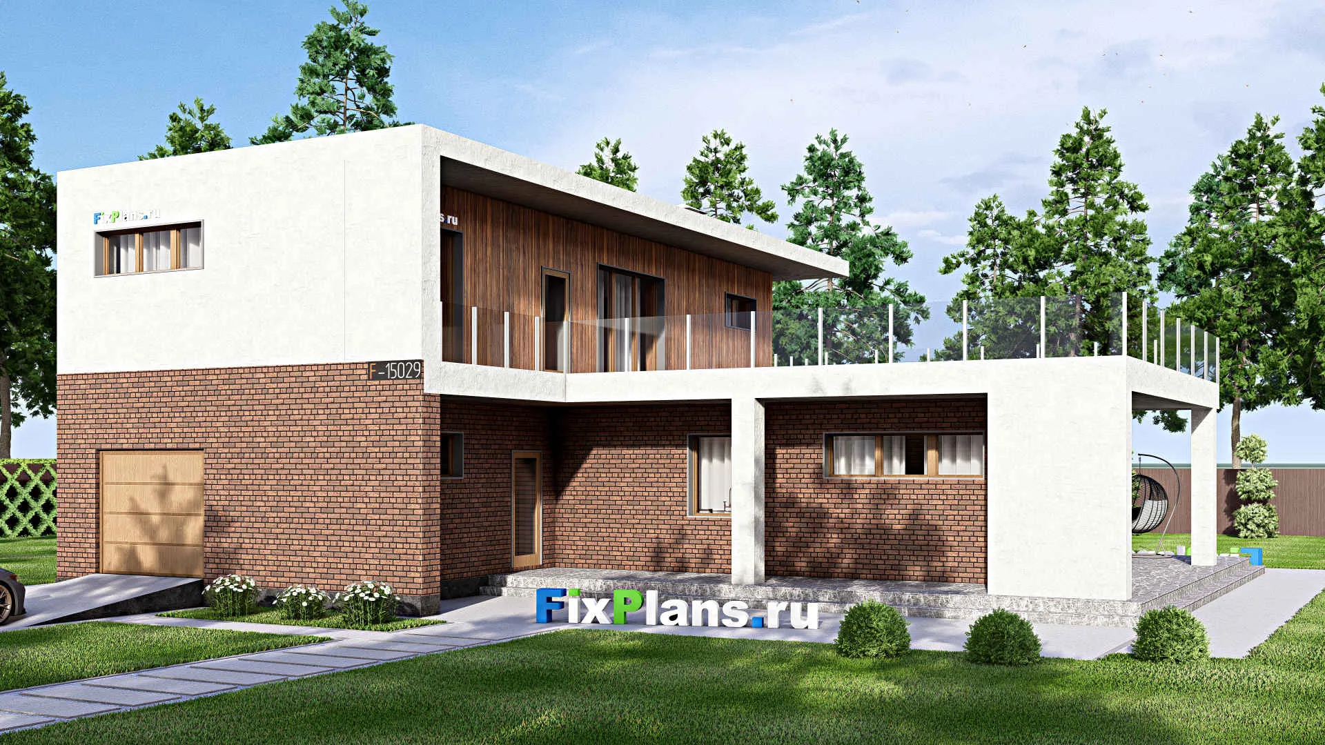 F-15029 - Проект двухэтажного дома 18 на 19, площадью 380 м² с террасой, балконом, гаражом на 1 машину и 4 спальнями