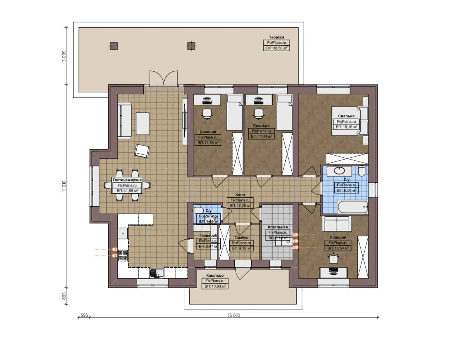 F-3716 - План одноэтажного дома 12 на 16, площадью 180 м² с террасой и 4 спальнями