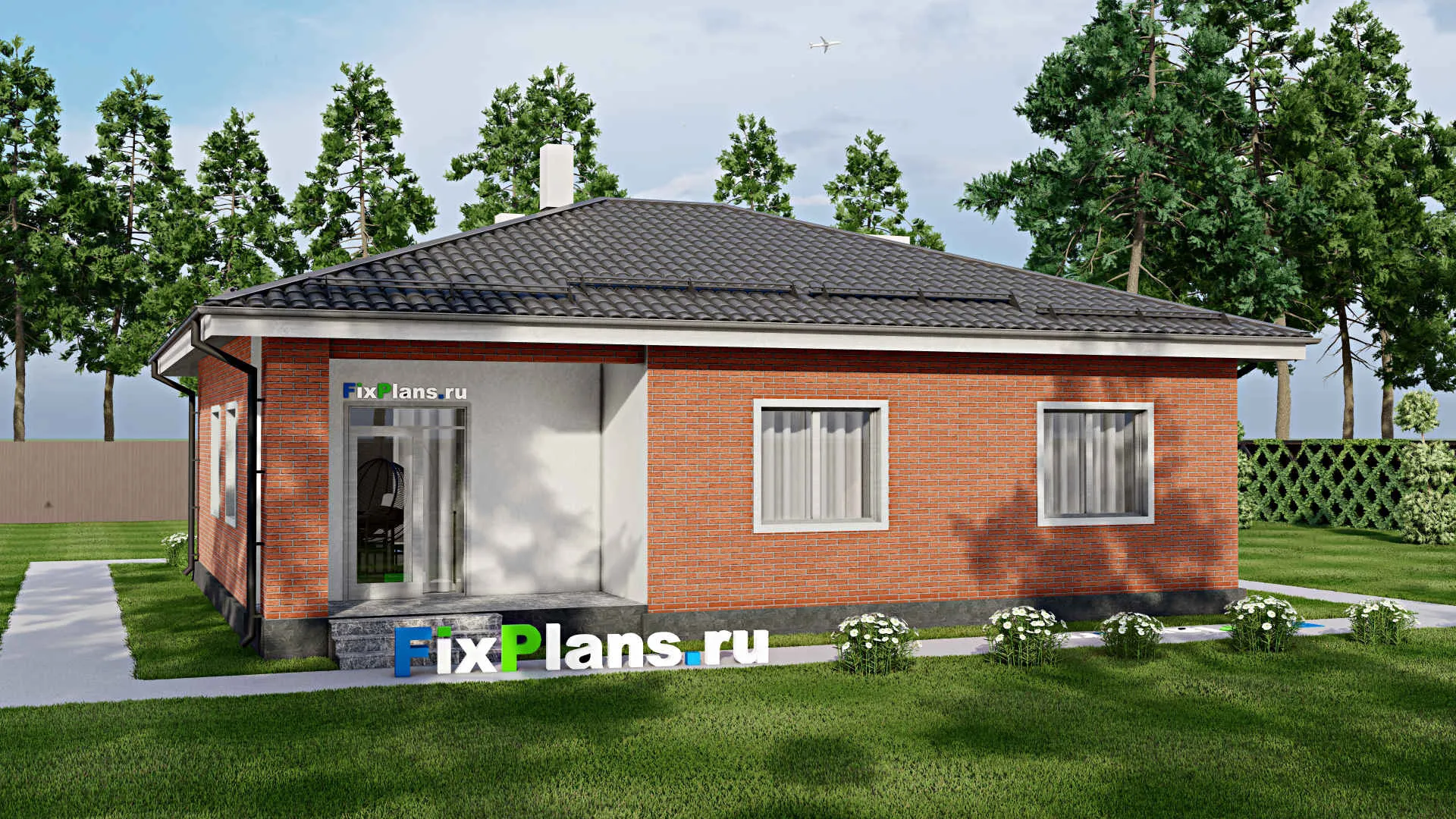 F-4958 - Проект одноэтажного дома 14 на 16, площадью 150 м² с террасой, гаражом на 1 машину и 2 спальнями