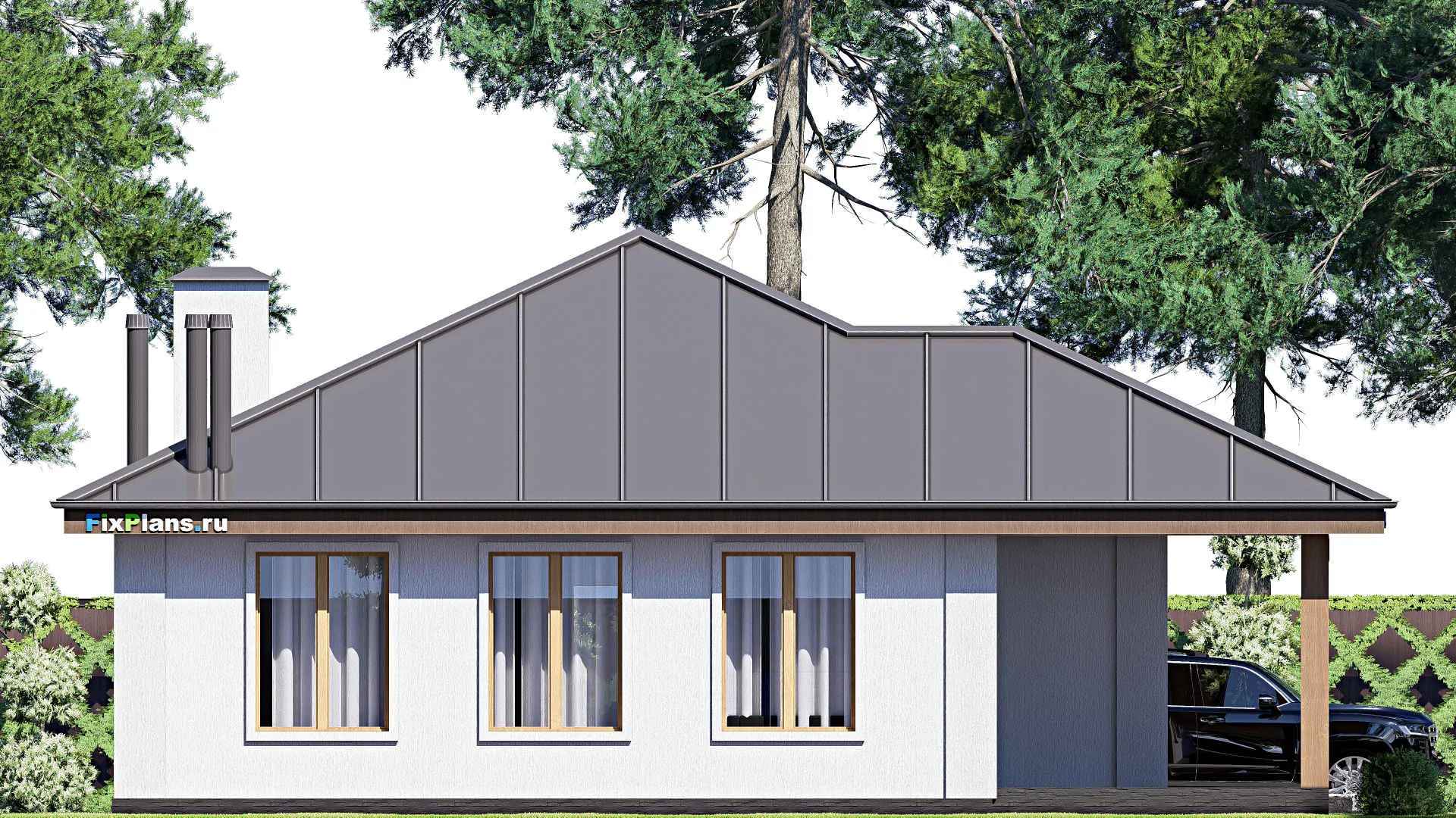 F-20294 - Проект одноэтажного дома 14 на 14, площадью 140 м² с террасой и 3 спальнями