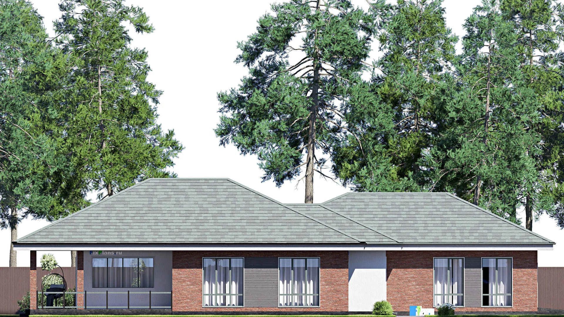 F-19025 - Проект одноэтажного дома 20 на 25, площадью 260 м² с террасой, гаражом на 2 машины и 2 спальнями