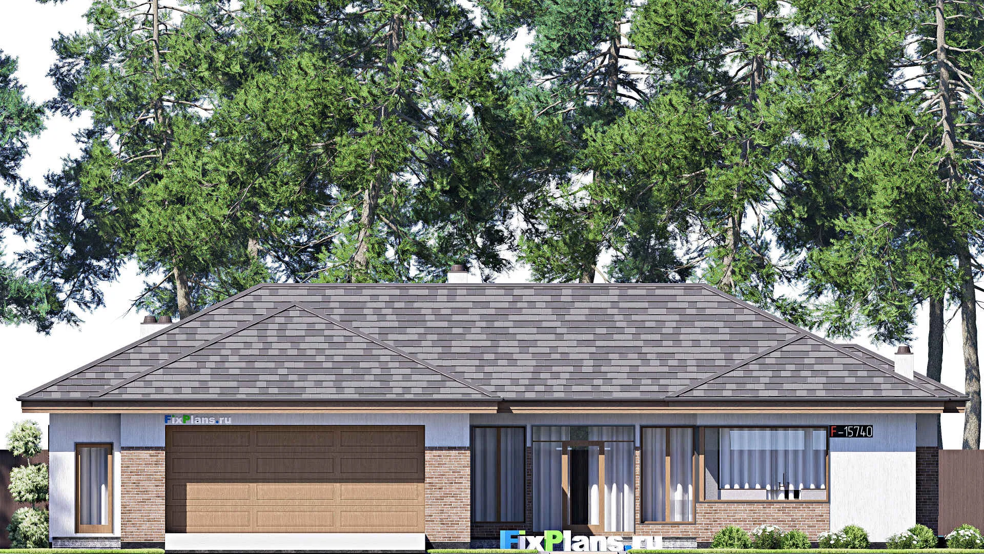 F-15740 - Проект одноэтажного дома 22 на 25, площадью 360 м² с террасой, гаражом на 2 машины и 3 спальнями
