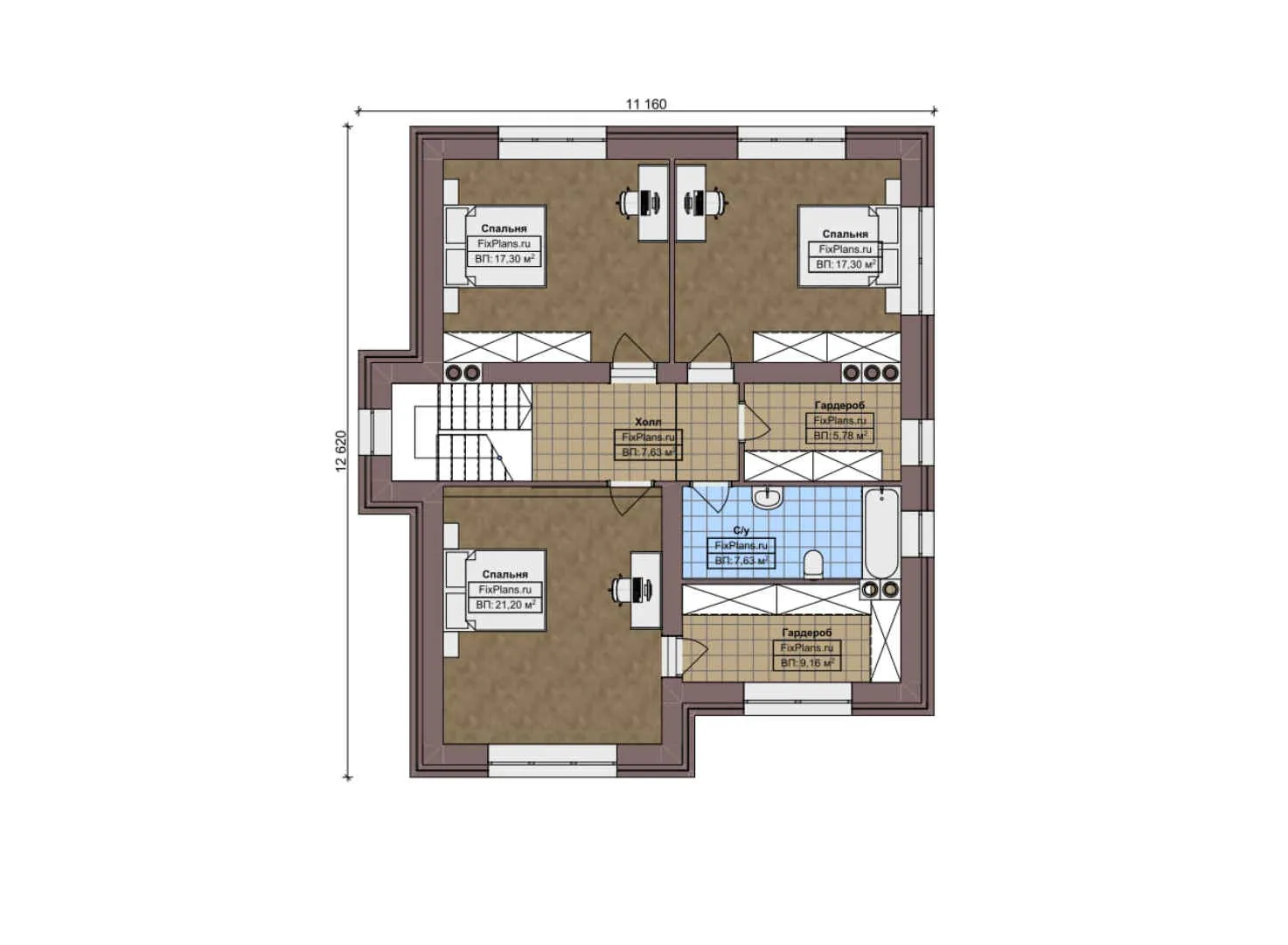 F-5714 - Планы двухэтажного дома 12 на 16, площадью 200 м² с террасой и 4 спальнями