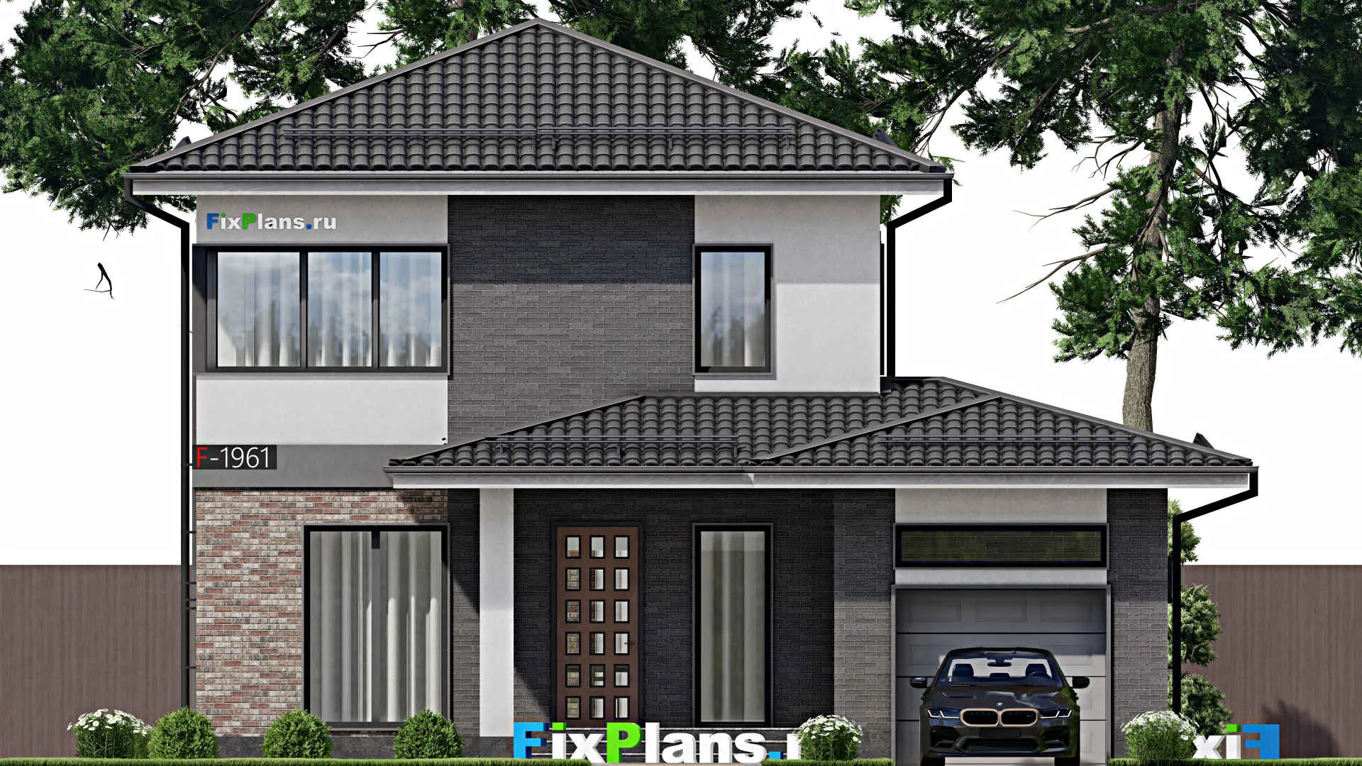 F-1961 - Проект двухэтажного дома 12 на 13, площадью 140 м² с гаражом на 1 машину и 2 спальнями