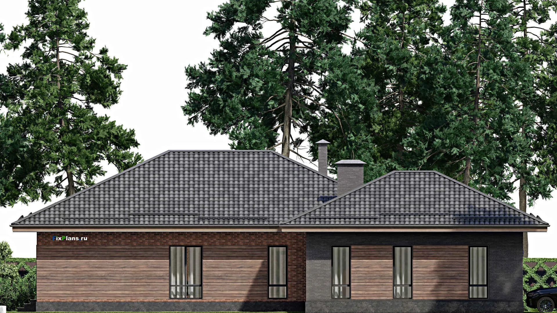 F-2429 - План одноэтажного дома 16 на 22, площадью 200 м² с террасой, гаражом на 2 машины и 2 спальнями