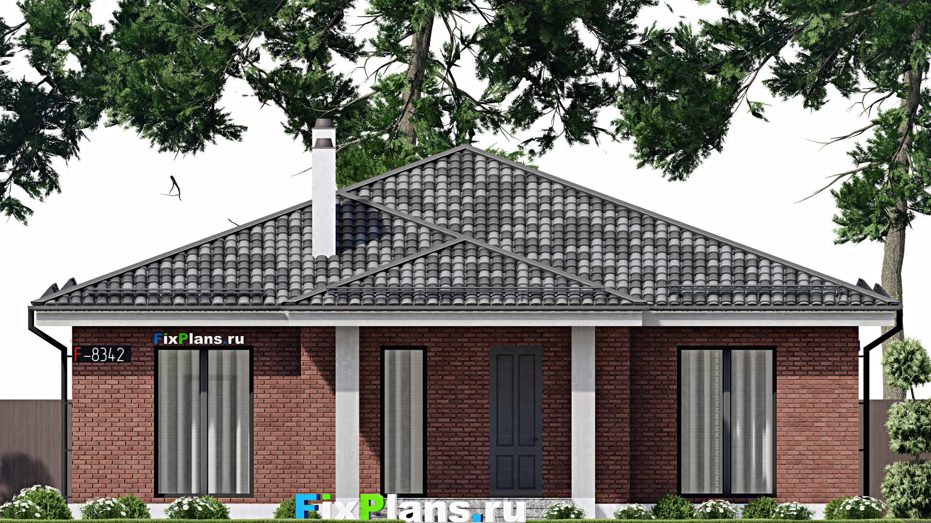 F-8342 - План одноэтажного дома 14 на 19, площадью 170 м² с террасой и 3 спальнями