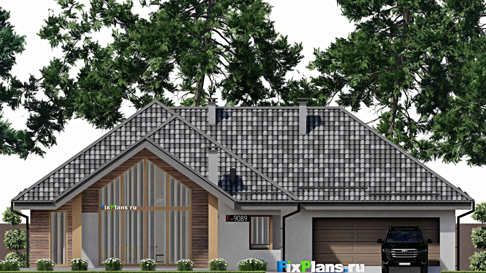 F-9089 - Проект одноэтажного дома 20 на 29, площадью 320 м² с террасой, гаражом на 2 машины и 4 спальнями