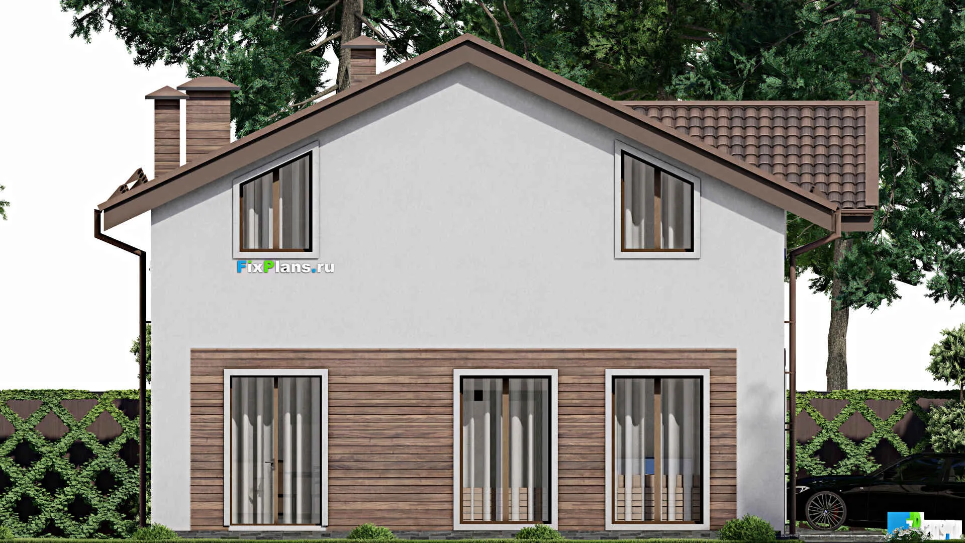 F-9125 - Проект дома с мансардой 12 на 13, площадью 180 м² с террасой, гаражом на 1 машину и 4 спальнями