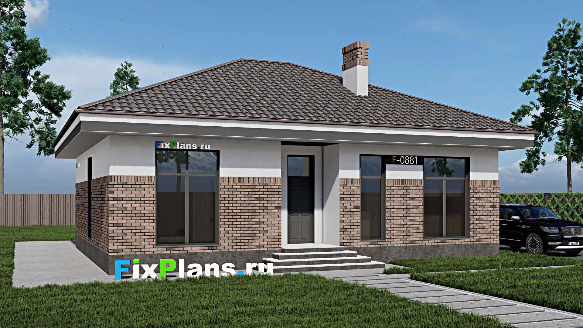 F-0881 - Проект одноэтажного дома 11 на 13, площадью 130 м² с террасой и 3 спальнями