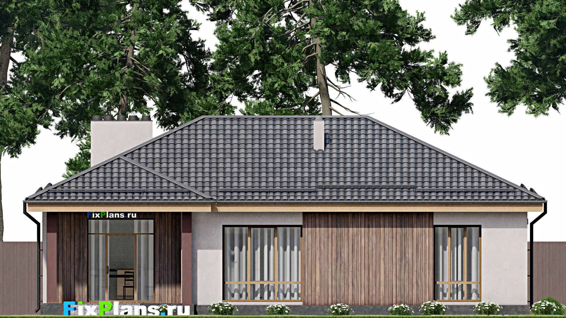 F-7856 - План одноэтажного дома 15 на 16, площадью 150 м² с террасой, гаражом на 1 машину и 2 спальнями