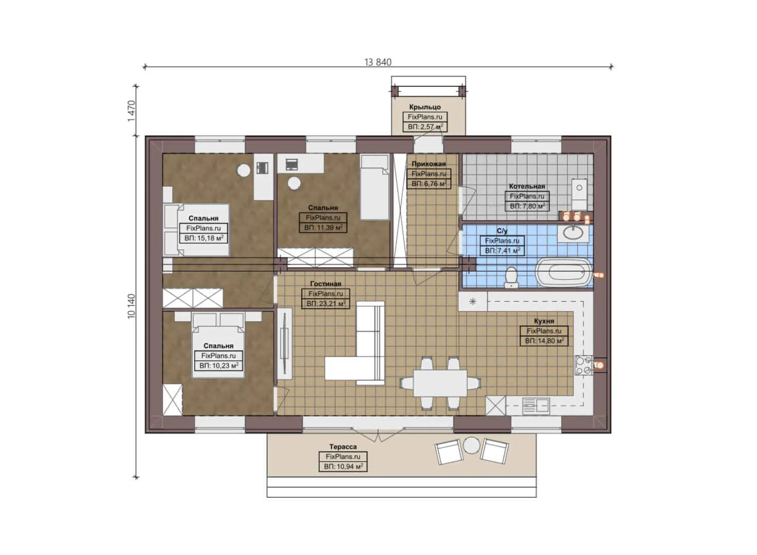 F-0521 - План одноэтажного дома 11 на 14, площадью 110 м² с террасой и 3 спальнями
