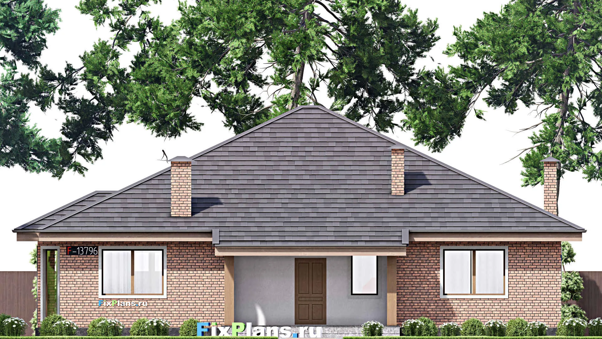 F-13796 - Проект одноэтажного дома 16 на 17, площадью 200 м² с террасой и 3 спальнями