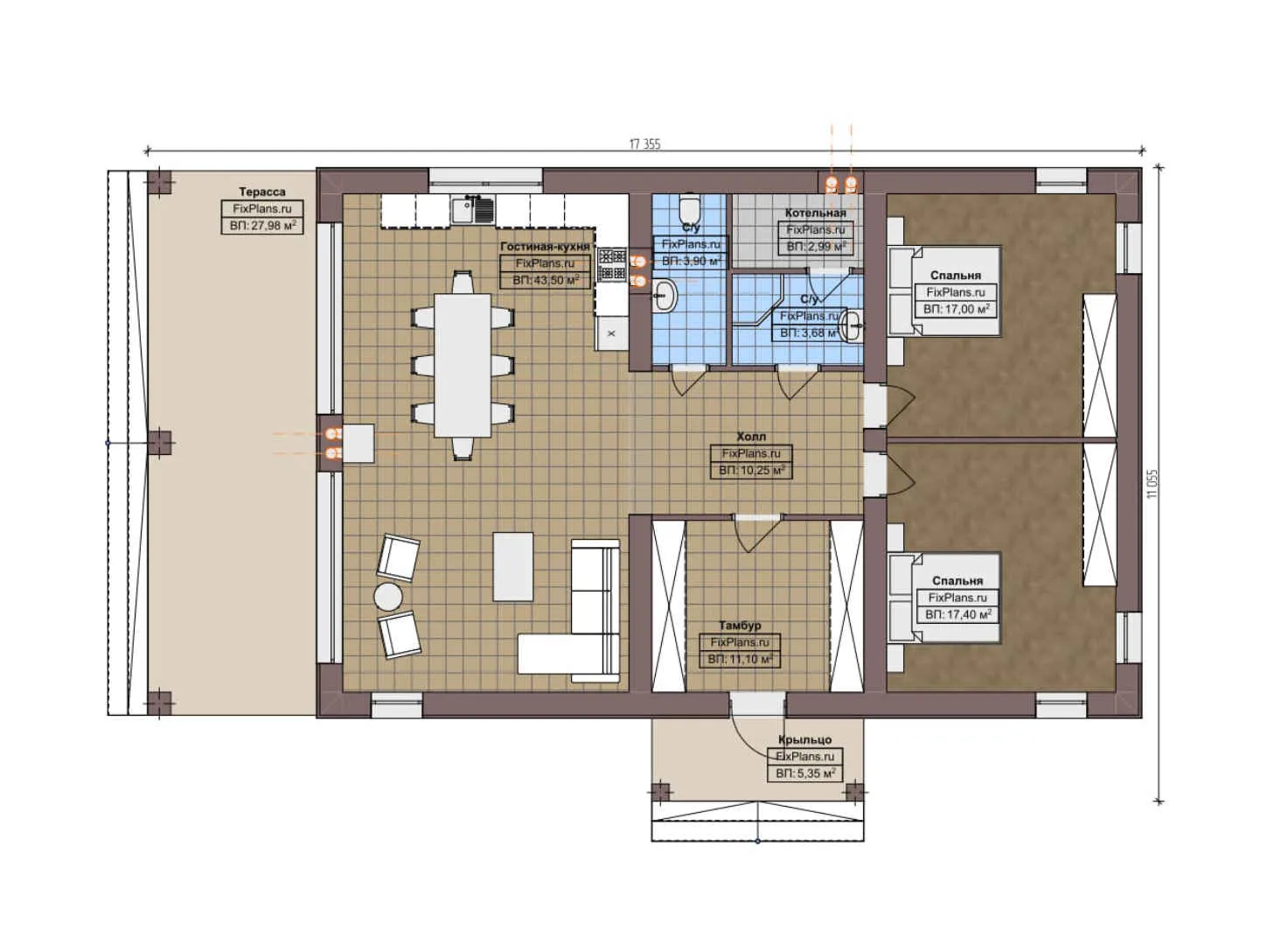F-7208 - План одноэтажного дома 12 на 18, площадью 150 м² с террасой и 2 спальнями