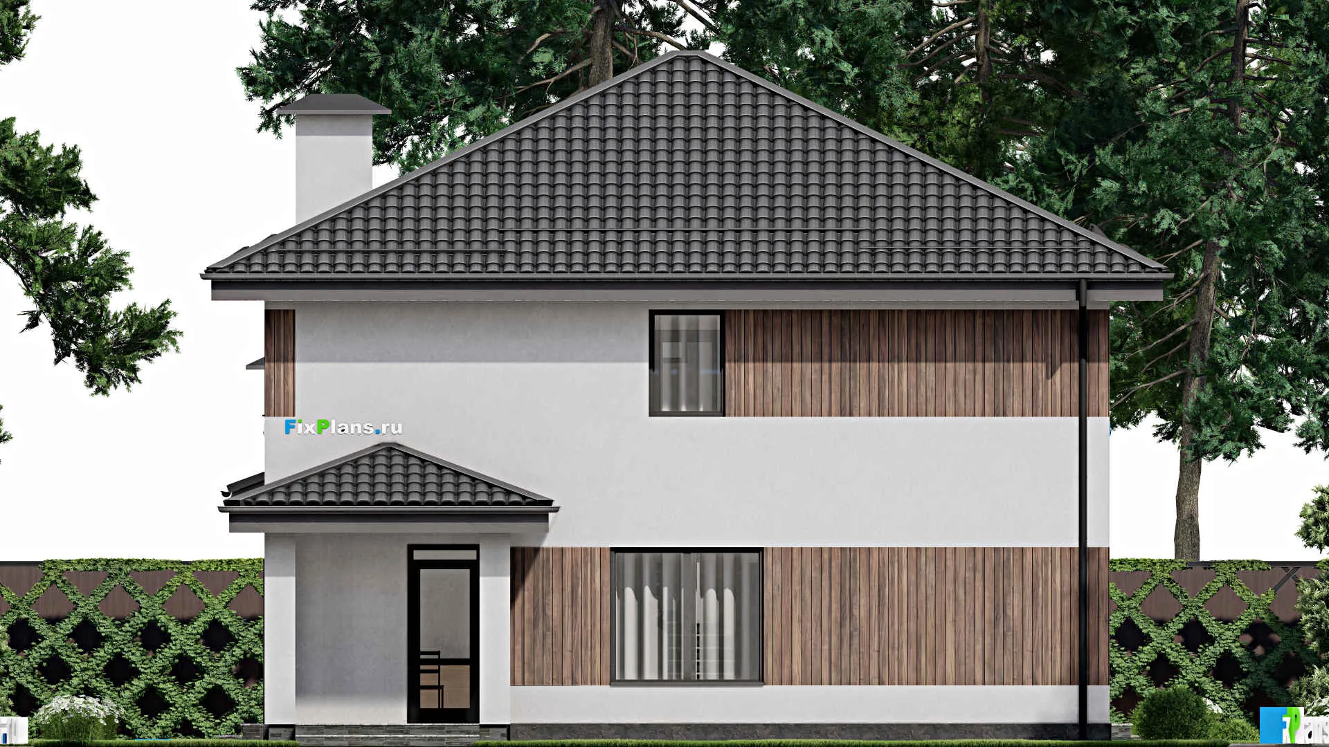 F-2807 - Планы двухэтажного дома 12 на 16, площадью 230 м² с террасой, балконом, гаражом на 1 машину и 6 спальнями